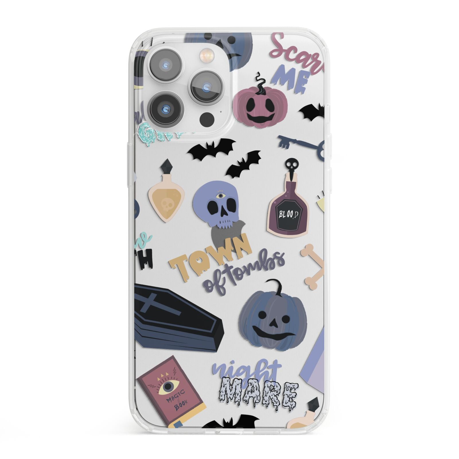 Spooky Blue Illustrations and Catchphrases iPhone 13 Pro Max Clear Bumper Case