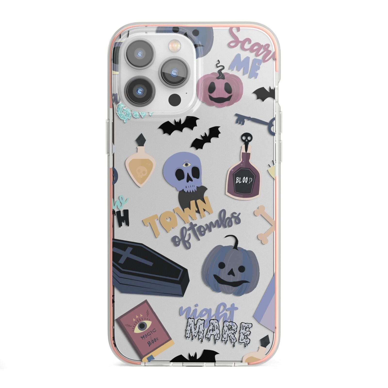 Spooky Blue Illustrations and Catchphrases iPhone 13 Pro Max TPU Impact Case with Pink Edges