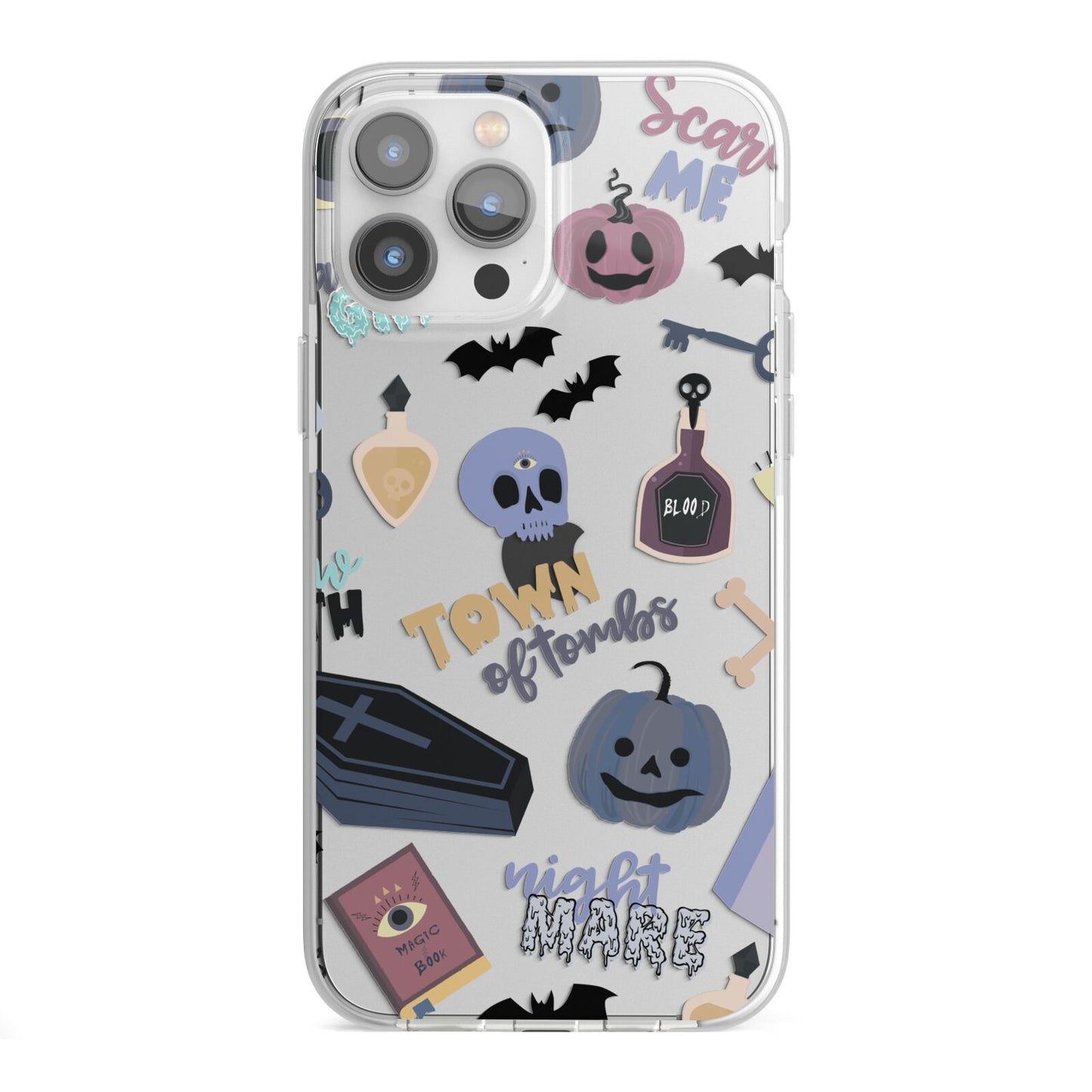 Spooky Blue Illustrations and Catchphrases iPhone 13 Pro Max TPU Impact Case with White Edges