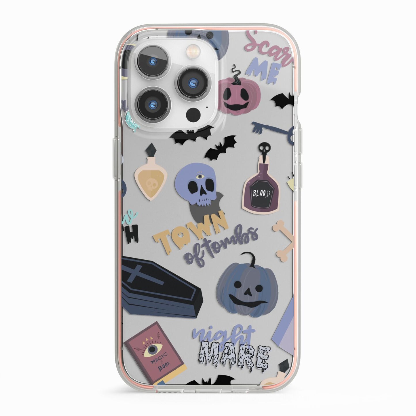 Spooky Blue Illustrations and Catchphrases iPhone 13 Pro TPU Impact Case with Pink Edges