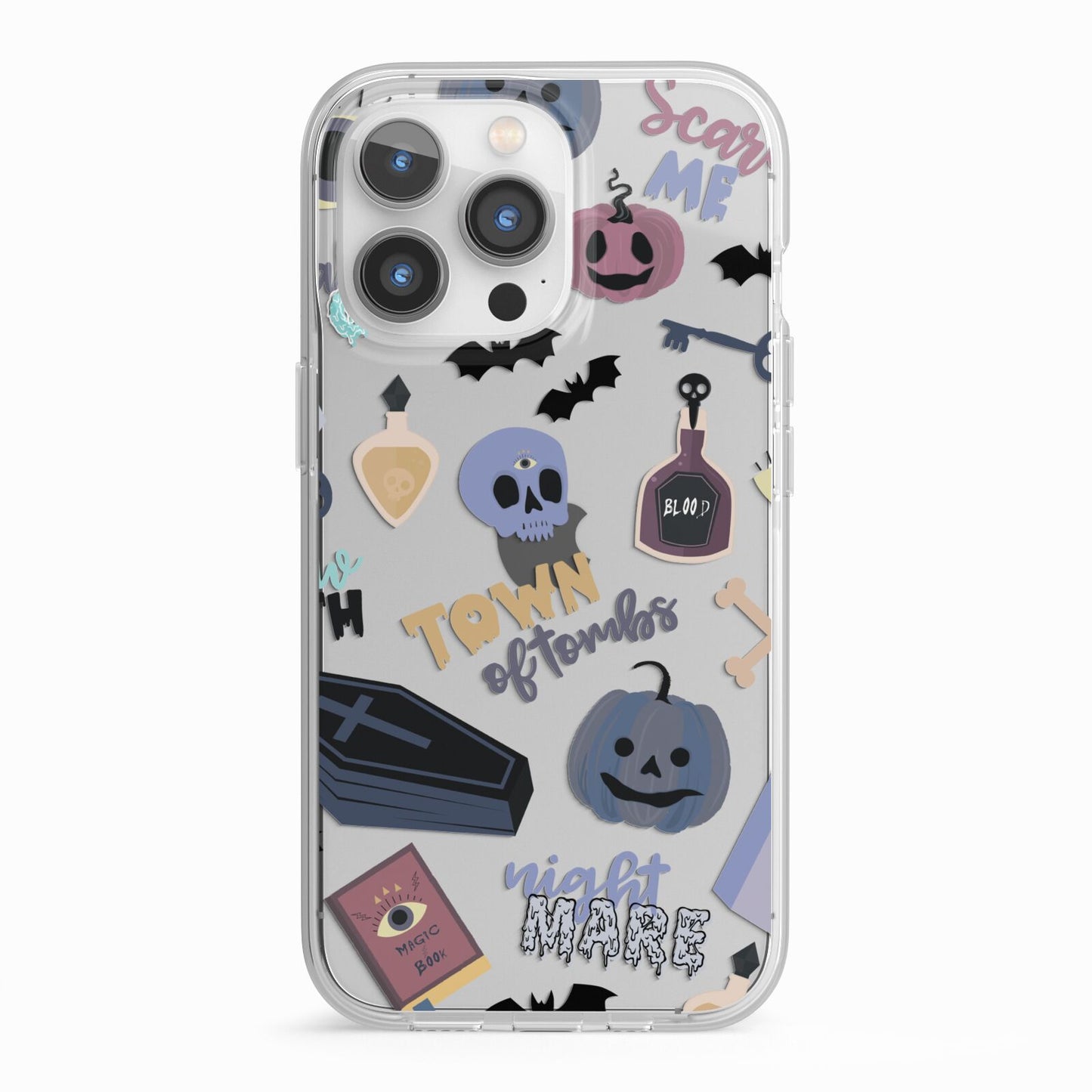 Spooky Blue Illustrations and Catchphrases iPhone 13 Pro TPU Impact Case with White Edges