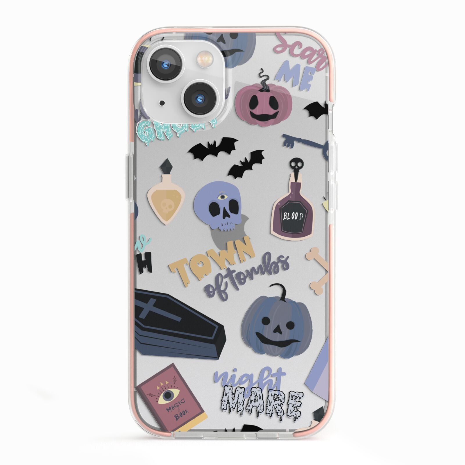 Spooky Blue Illustrations and Catchphrases iPhone 13 TPU Impact Case with Pink Edges