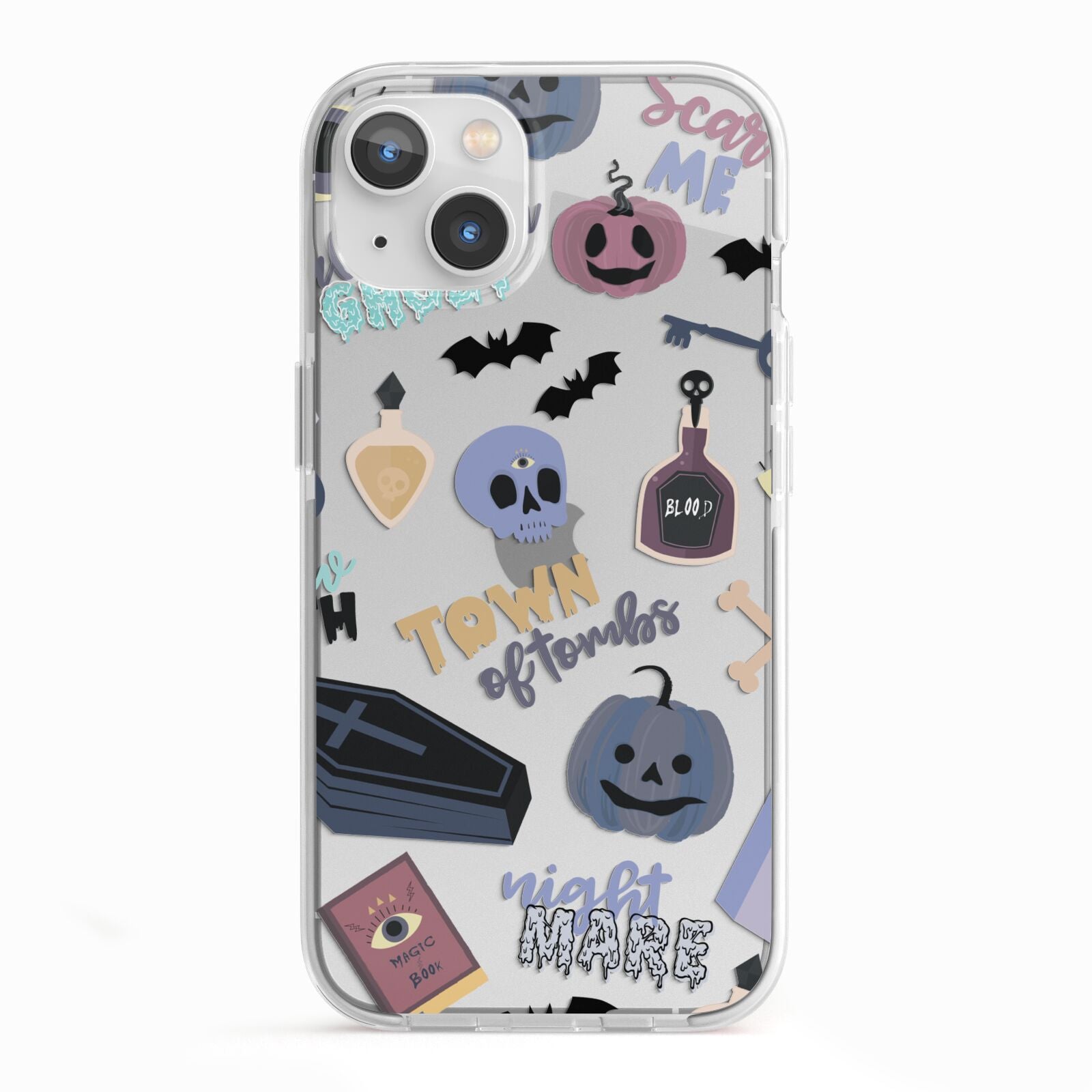 Spooky Blue Illustrations and Catchphrases iPhone 13 TPU Impact Case with White Edges