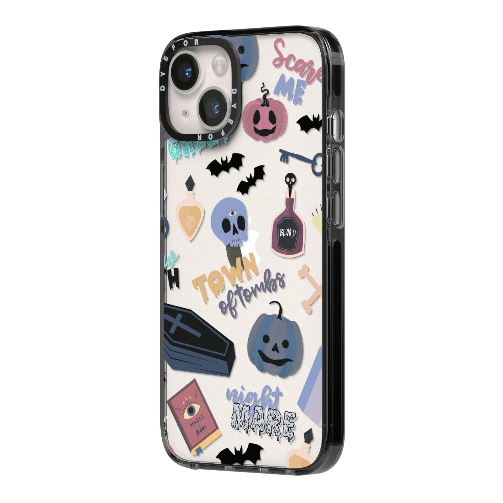 Spooky Blue Illustrations and Catchphrases iPhone 14 Black Impact Case Side Angle on Silver phone