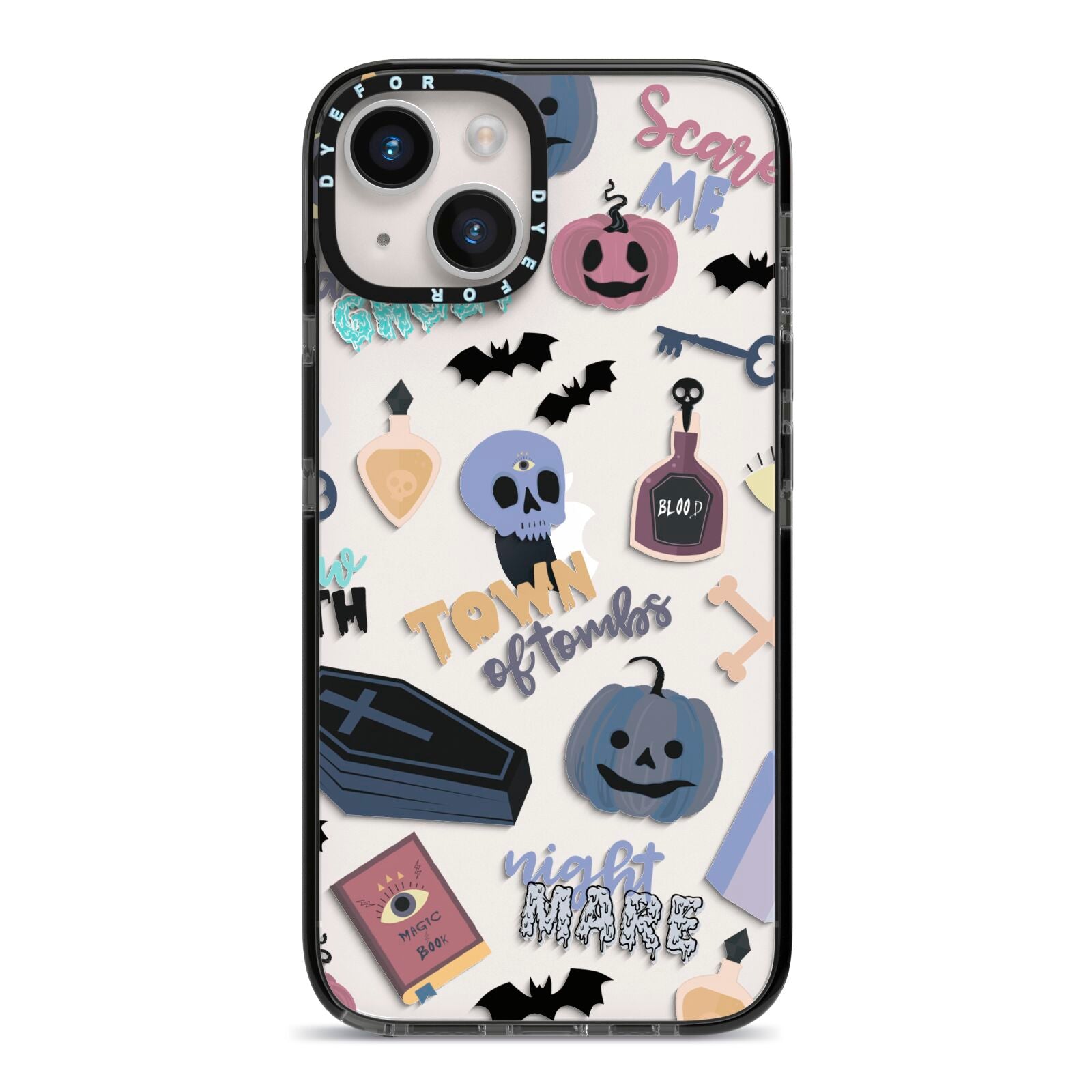 Spooky Blue Illustrations and Catchphrases iPhone 14 Black Impact Case on Silver phone