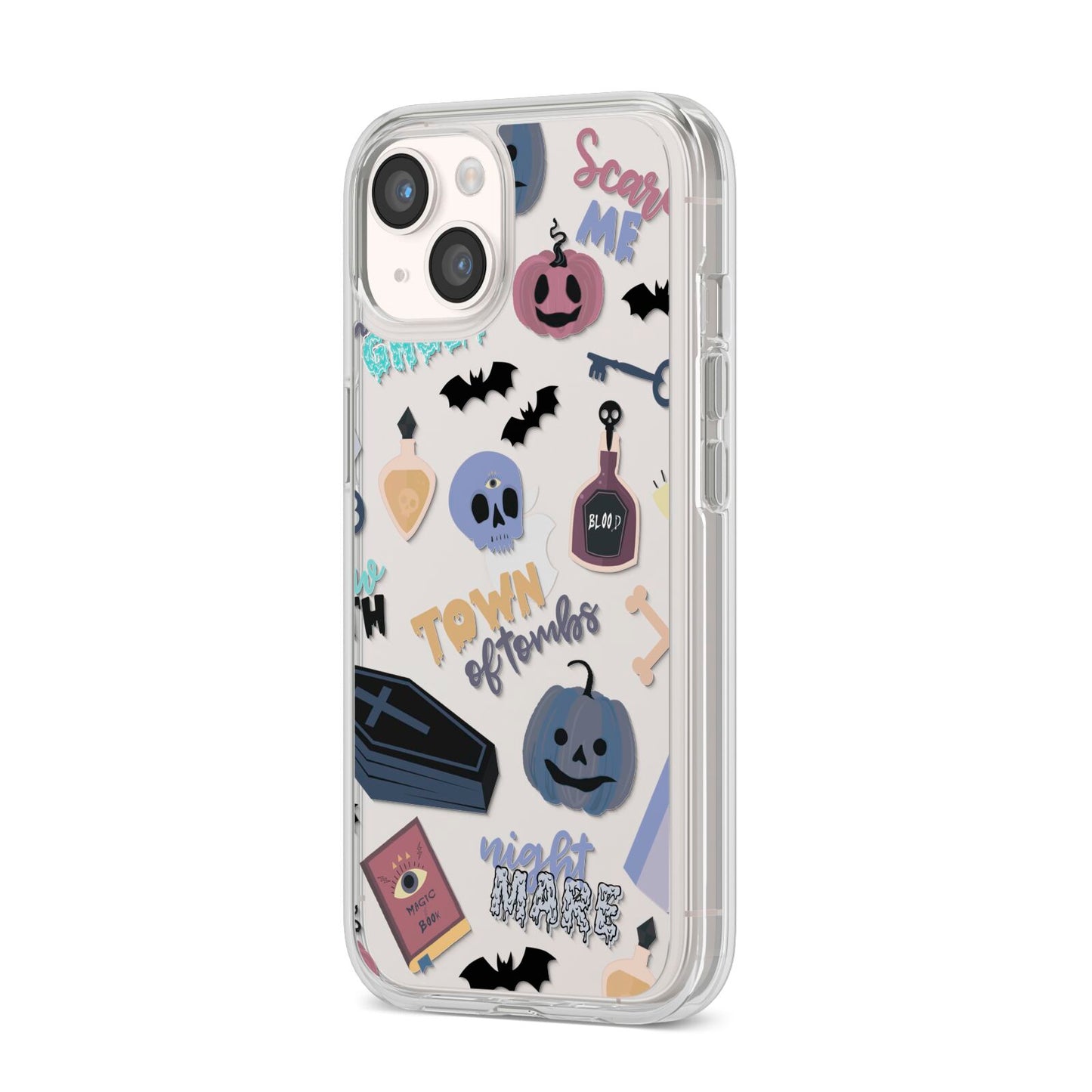 Spooky Blue Illustrations and Catchphrases iPhone 14 Clear Tough Case Starlight Angled Image