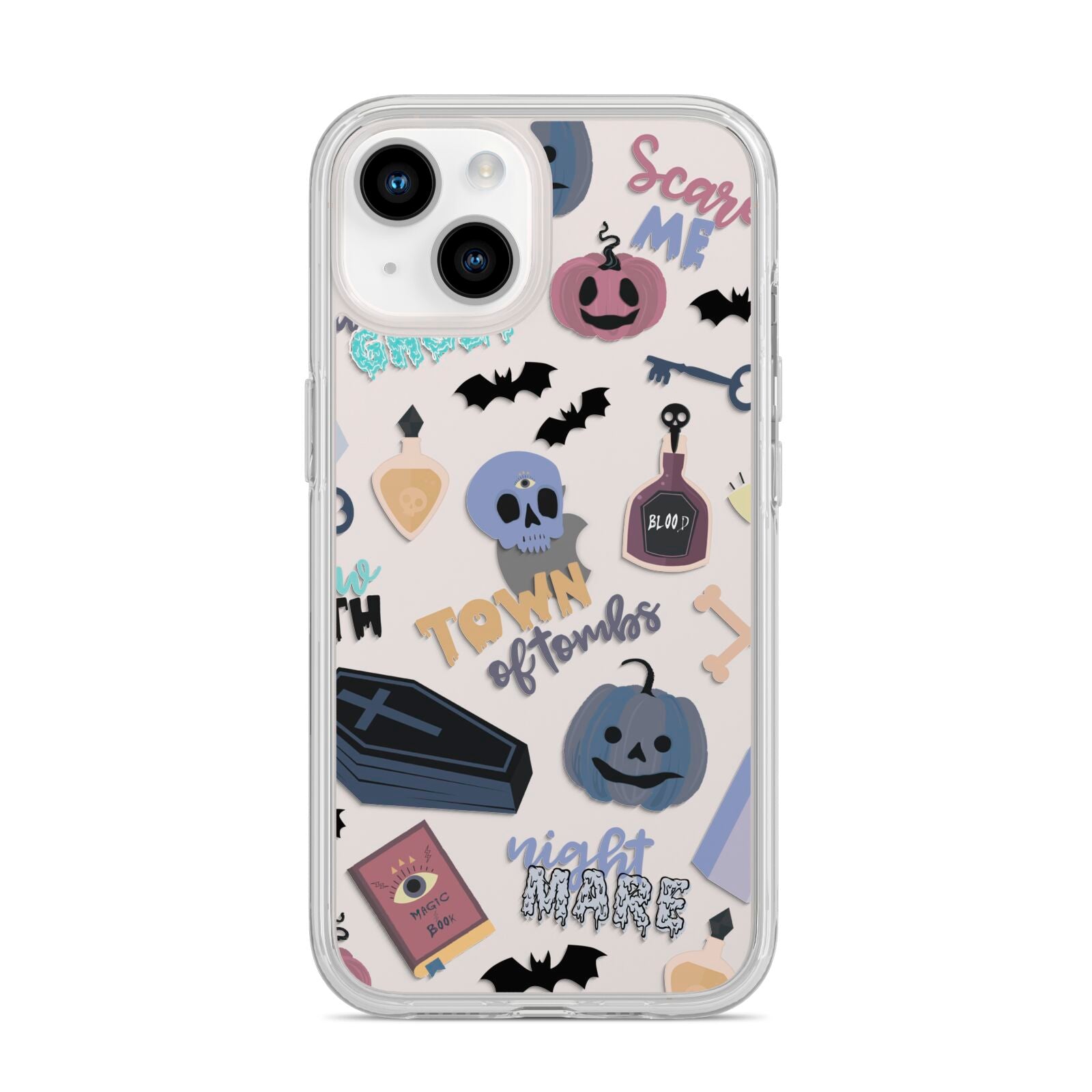 Spooky Blue Illustrations and Catchphrases iPhone 14 Clear Tough Case Starlight