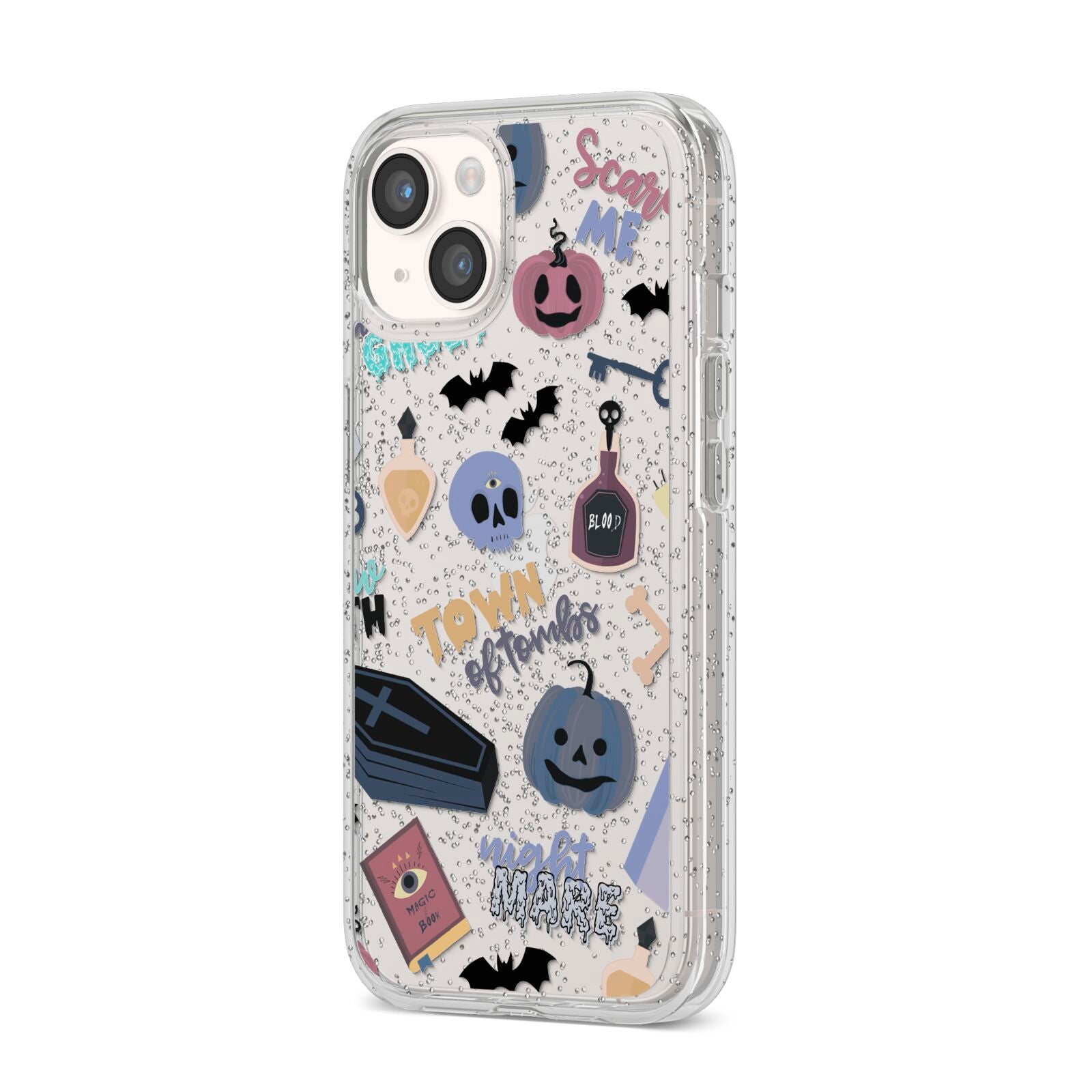 Spooky Blue Illustrations and Catchphrases iPhone 14 Glitter Tough Case Starlight Angled Image