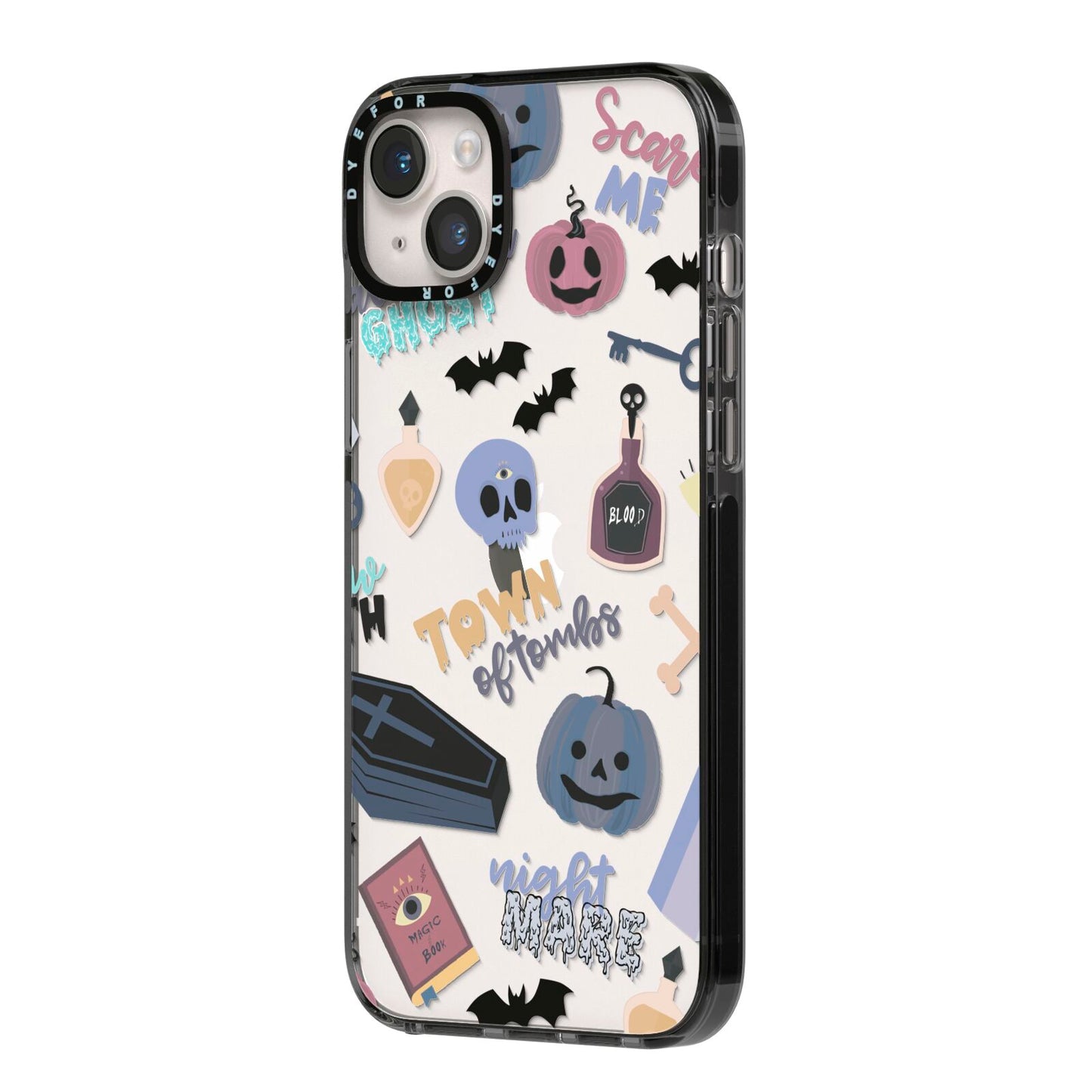 Spooky Blue Illustrations and Catchphrases iPhone 14 Plus Black Impact Case Side Angle on Silver phone