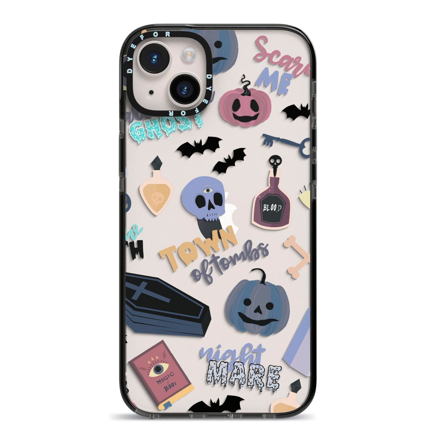 Spooky Blue Illustrations and Catchphrases iPhone 14 Plus Black Impact Case on Silver phone