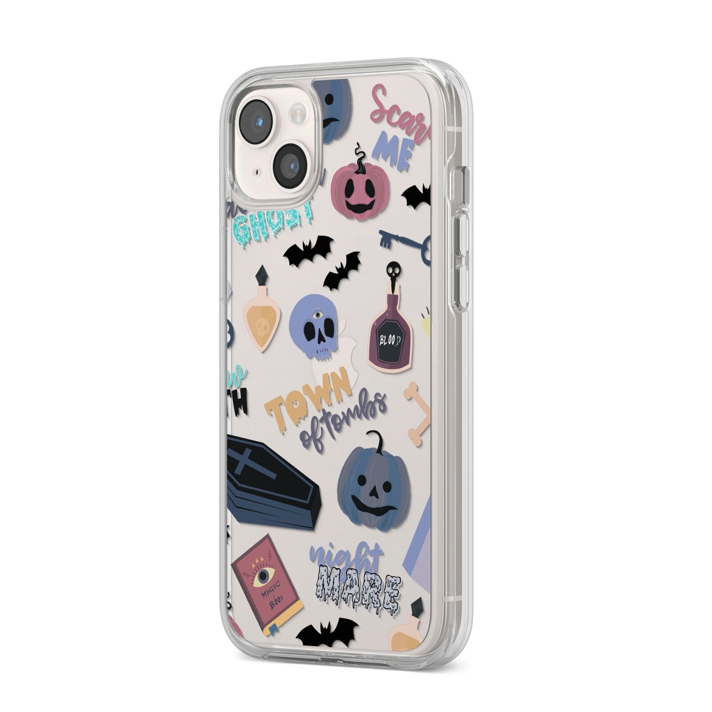 Spooky Blue Illustrations and Catchphrases iPhone 14 Plus Clear Tough Case Starlight Angled Image