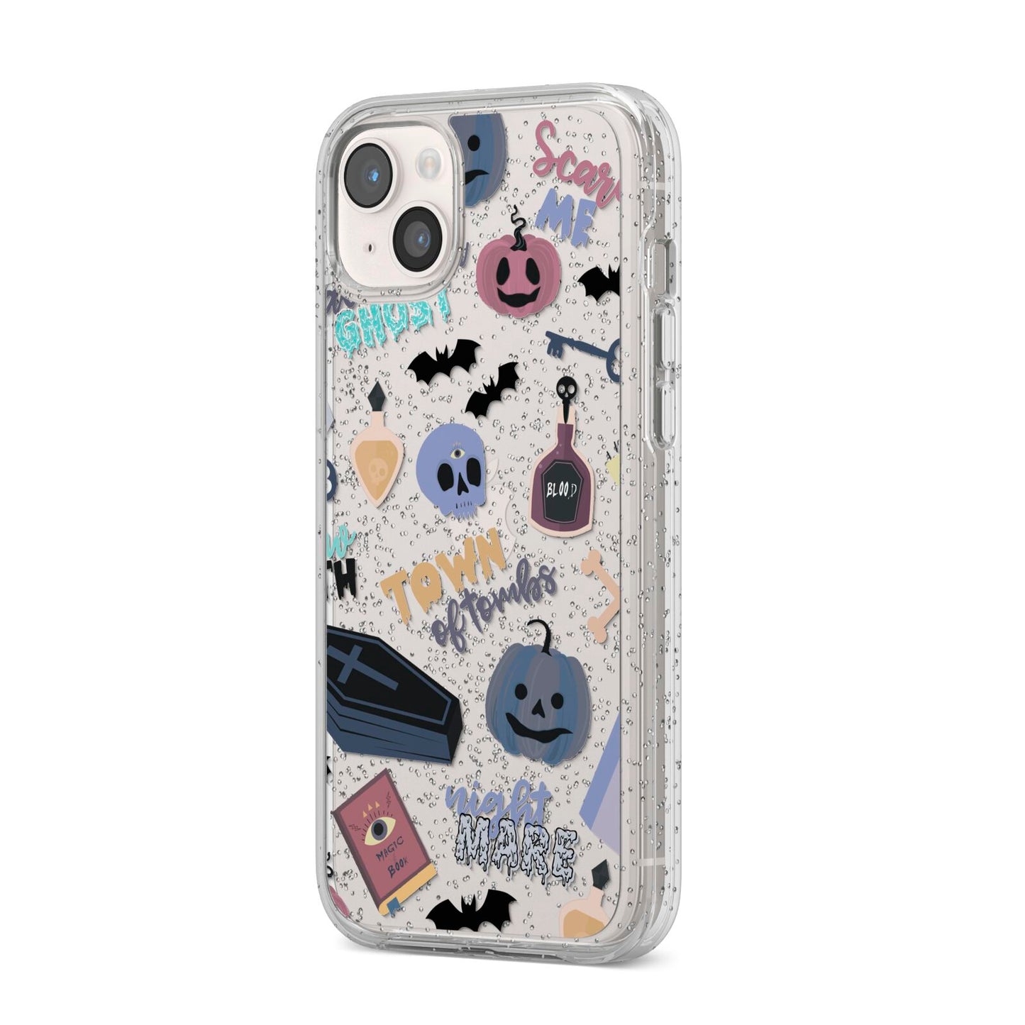 Spooky Blue Illustrations and Catchphrases iPhone 14 Plus Glitter Tough Case Starlight Angled Image