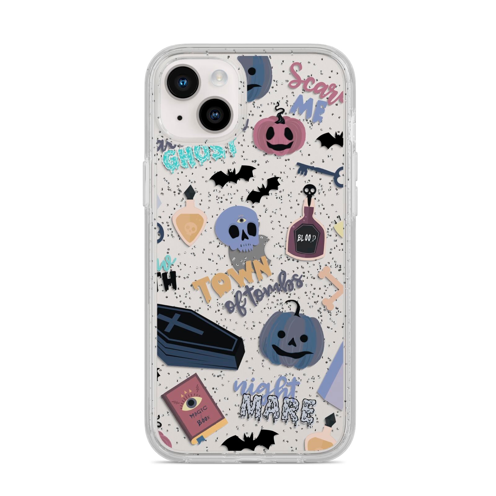 Spooky Blue Illustrations and Catchphrases iPhone 14 Plus Glitter Tough Case Starlight