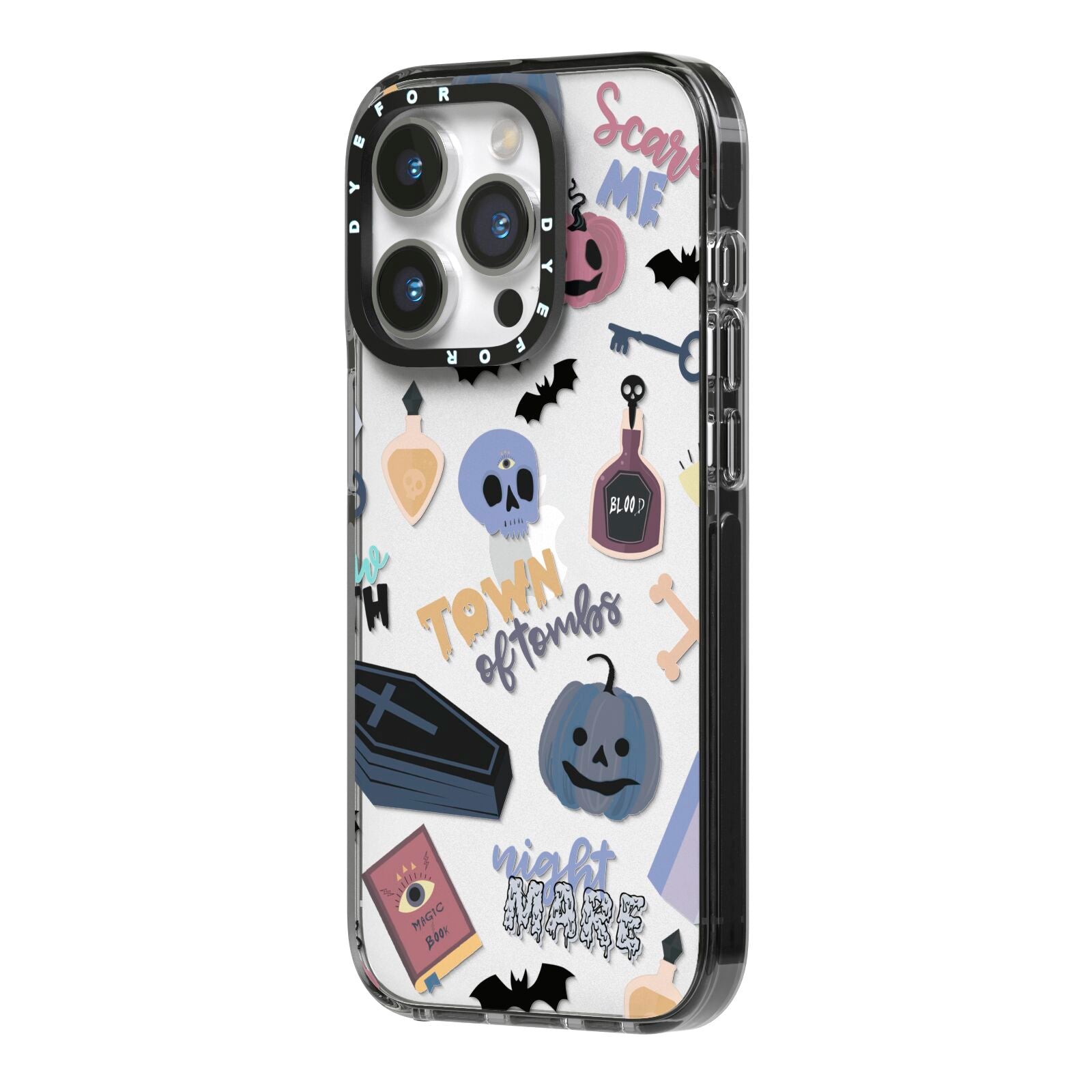 Spooky Blue Illustrations and Catchphrases iPhone 14 Pro Black Impact Case Side Angle on Silver phone