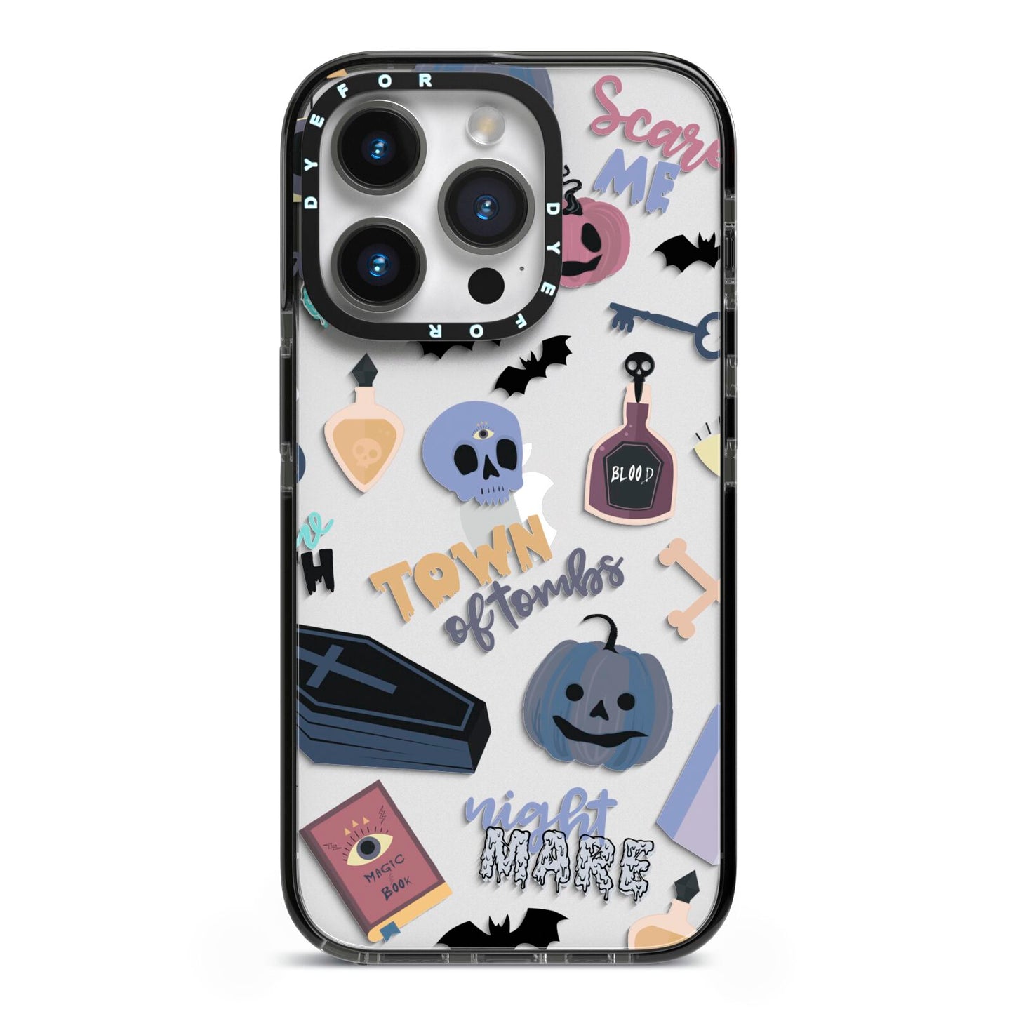 Spooky Blue Illustrations and Catchphrases iPhone 14 Pro Black Impact Case on Silver phone