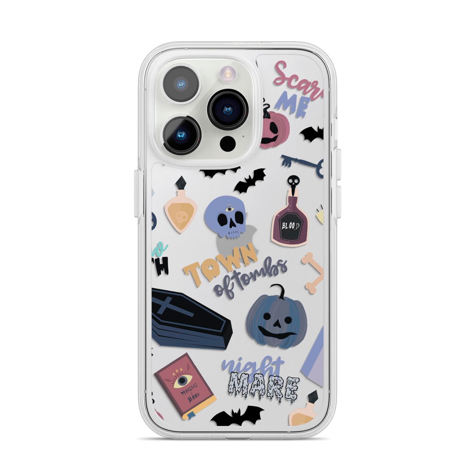 Spooky Blue Illustrations and Catchphrases iPhone 14 Pro Clear Tough Case Silver