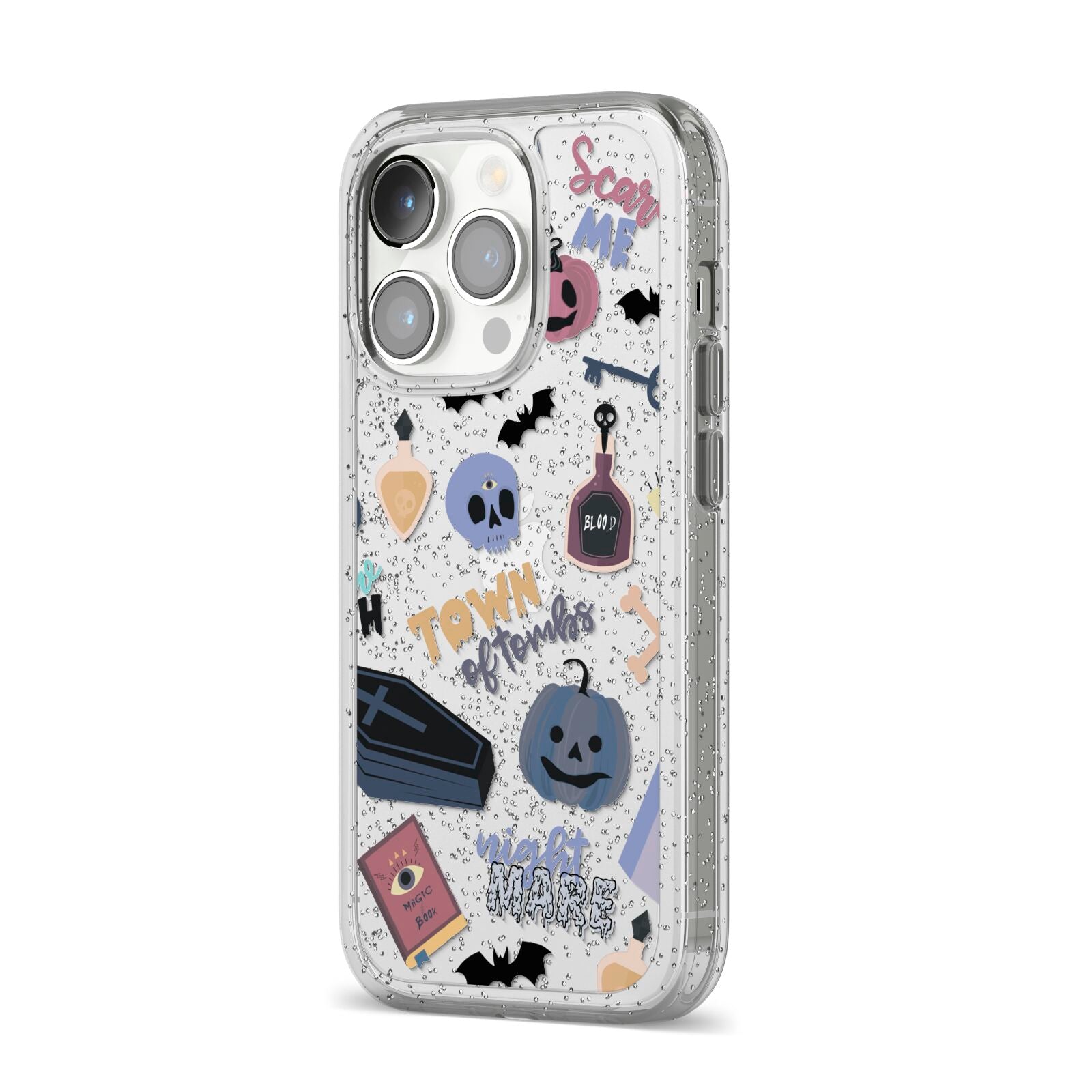 Spooky Blue Illustrations and Catchphrases iPhone 14 Pro Glitter Tough Case Silver Angled Image