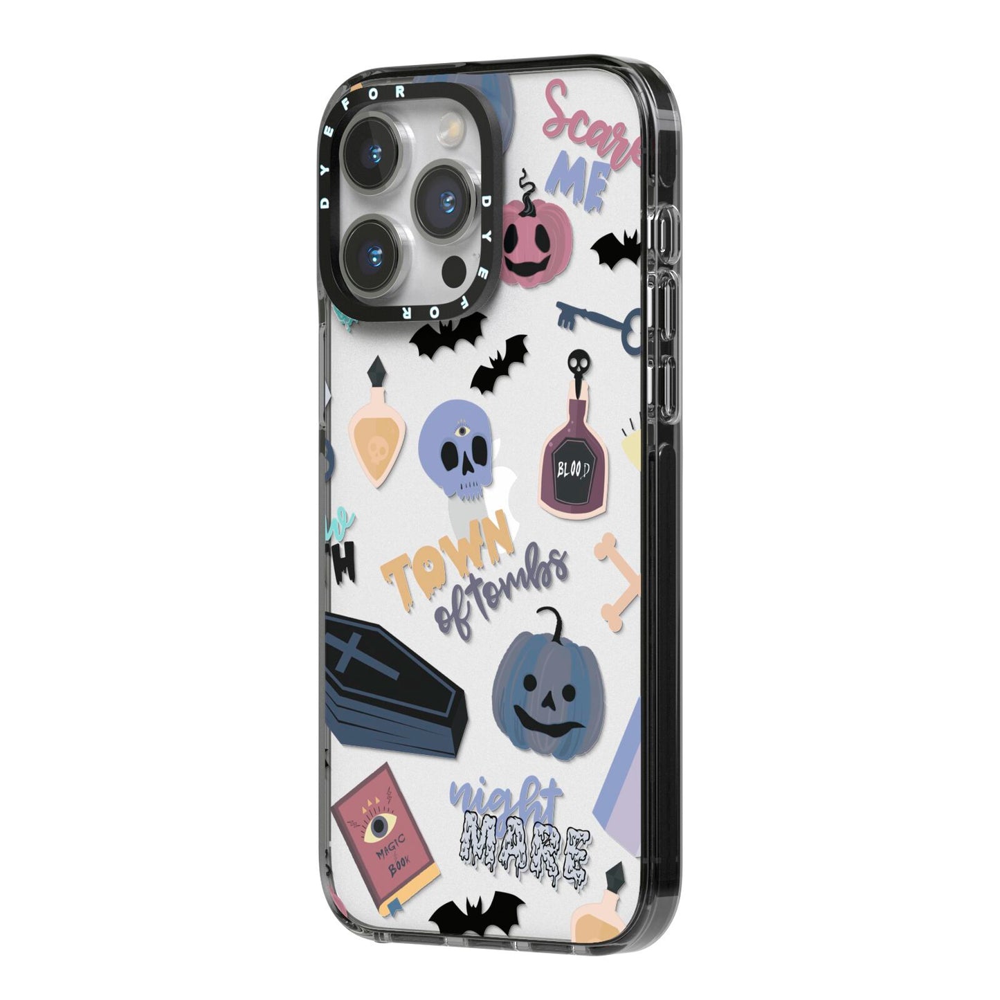 Spooky Blue Illustrations and Catchphrases iPhone 14 Pro Max Black Impact Case Side Angle on Silver phone