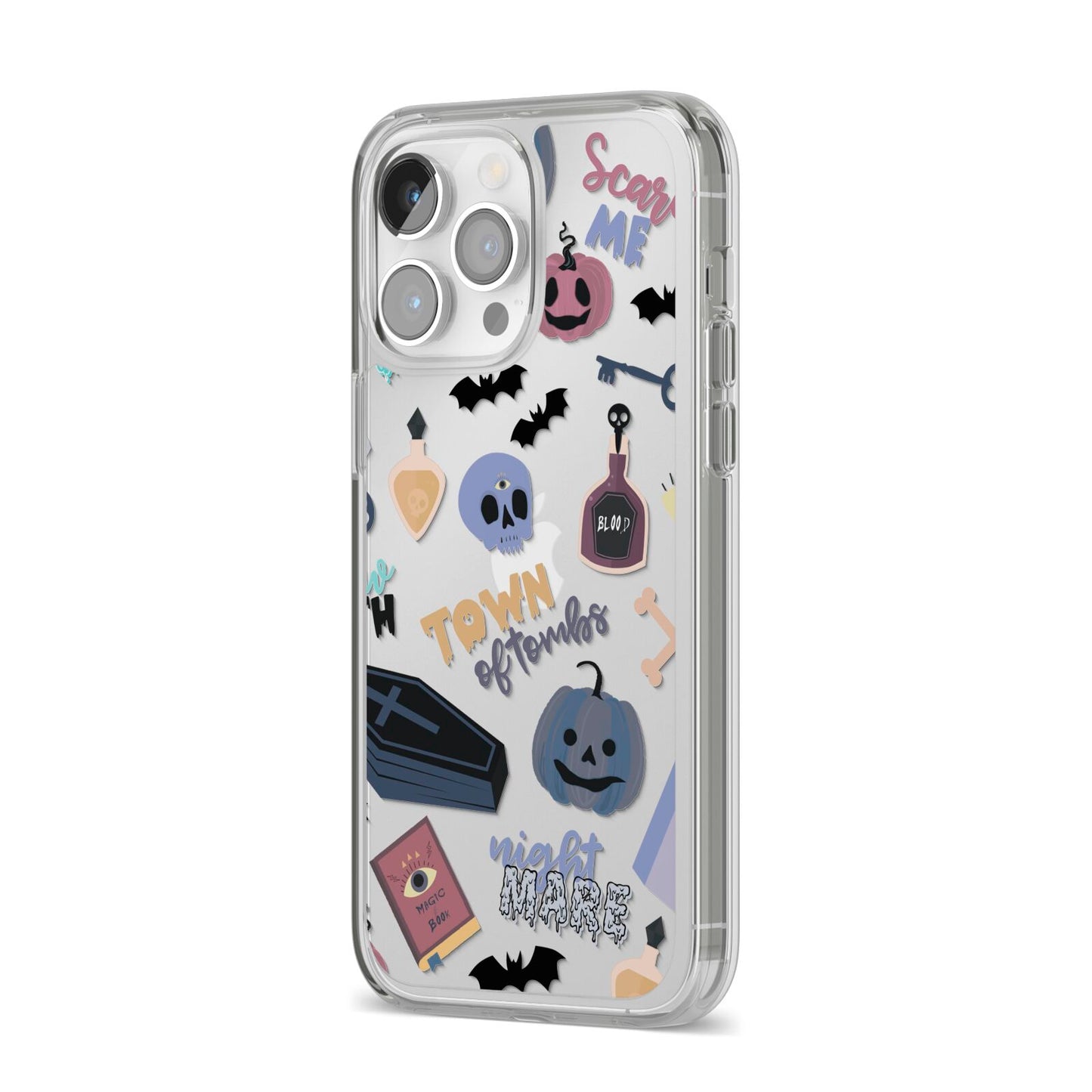 Spooky Blue Illustrations and Catchphrases iPhone 14 Pro Max Clear Tough Case Silver Angled Image