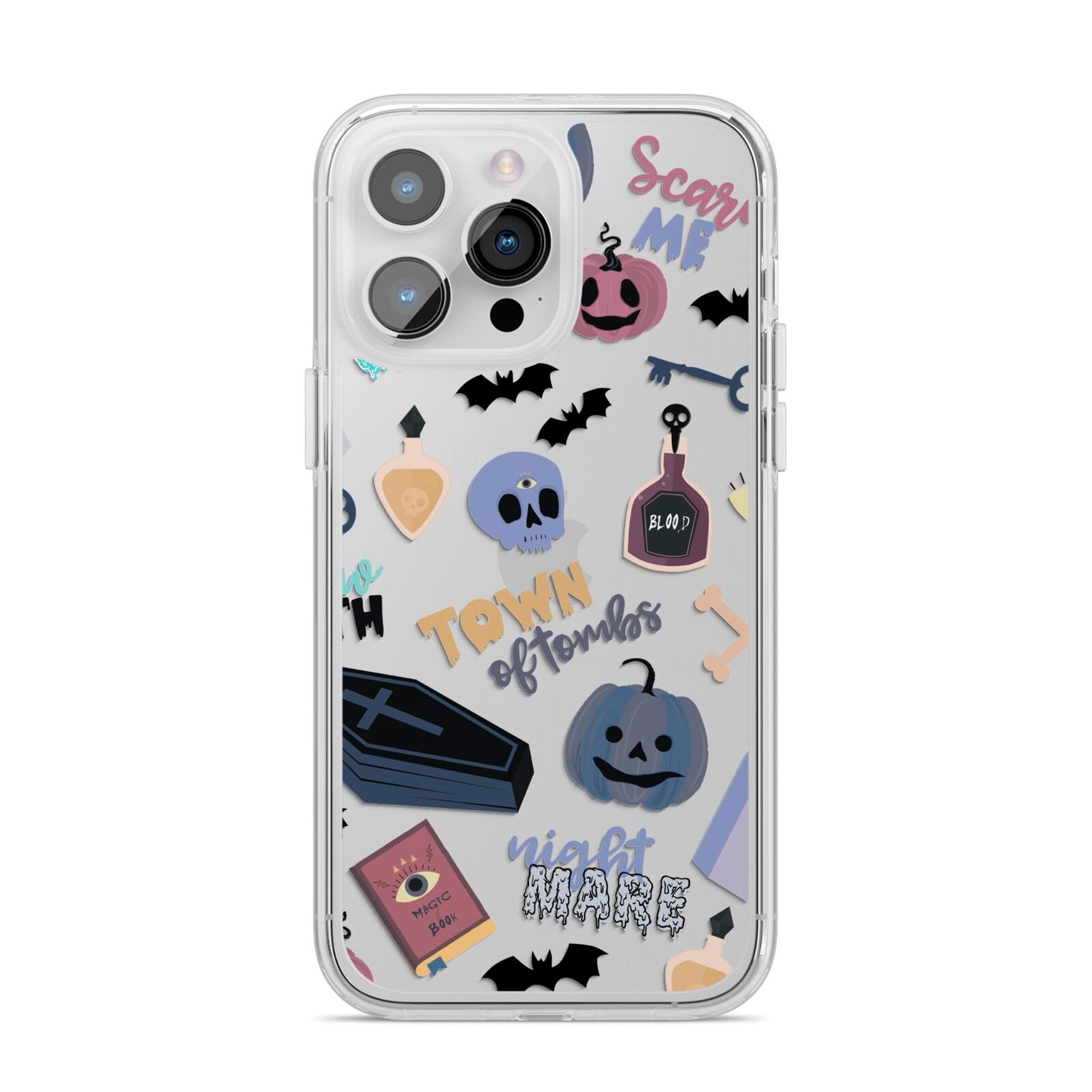 Spooky Blue Illustrations and Catchphrases iPhone 14 Pro Max Clear Tough Case Silver