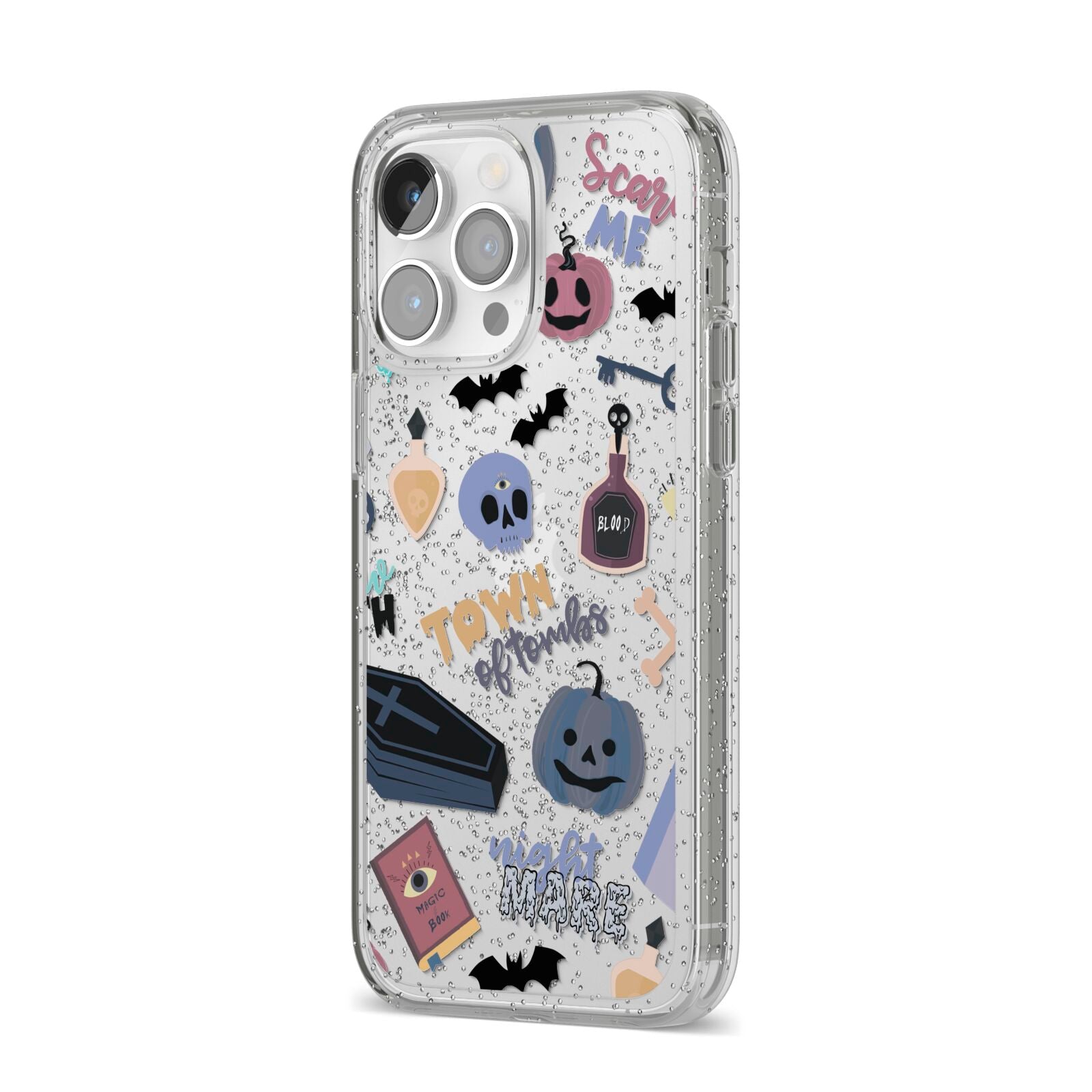 Spooky Blue Illustrations and Catchphrases iPhone 14 Pro Max Glitter Tough Case Silver Angled Image