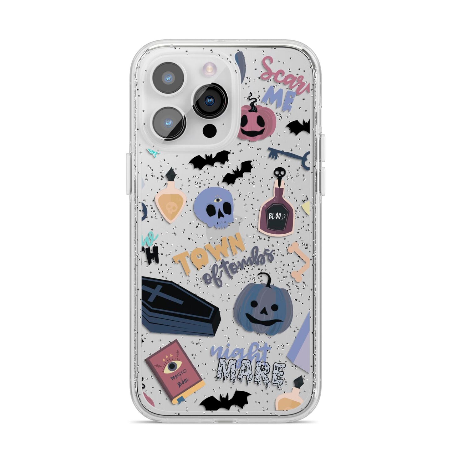 Spooky Blue Illustrations and Catchphrases iPhone 14 Pro Max Glitter Tough Case Silver