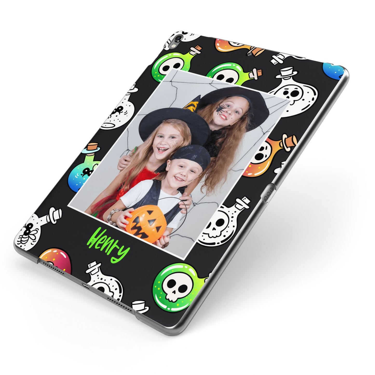 Spooky Potions Halloween Photo Upload Apple iPad Case on Grey iPad Side View