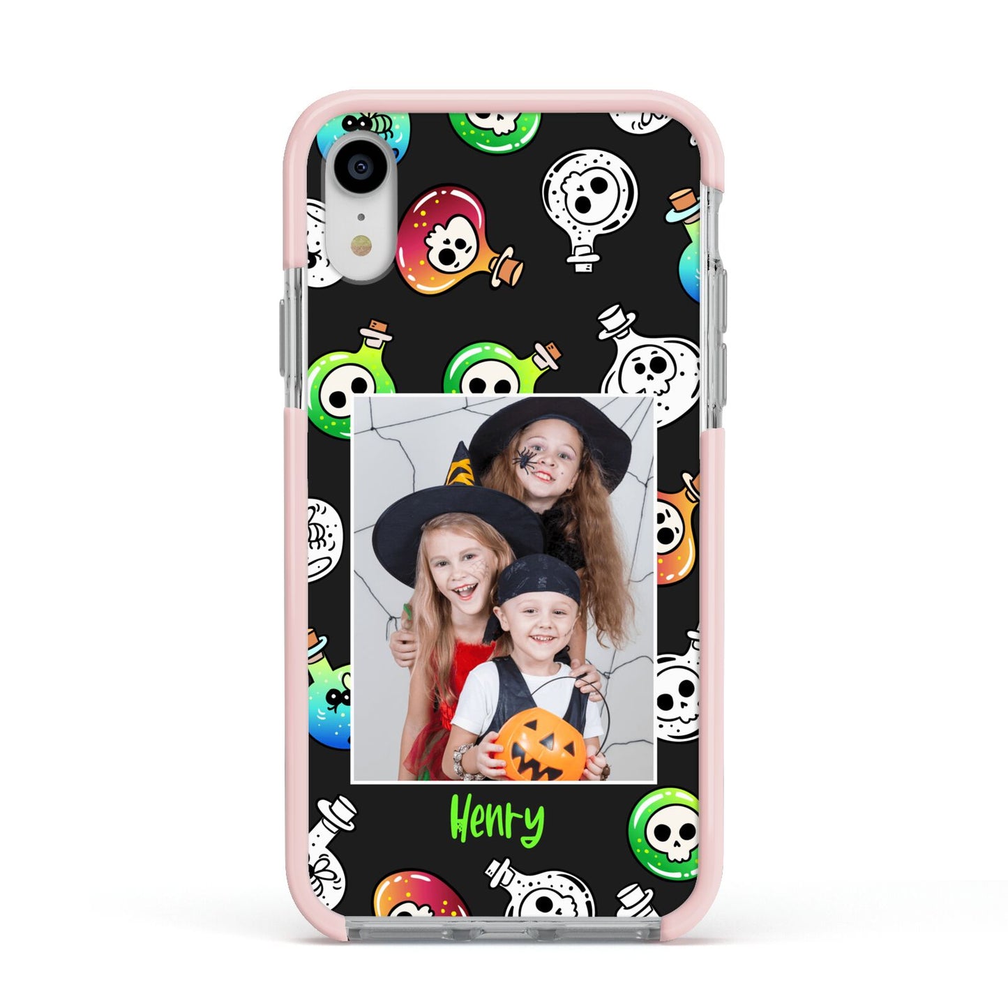 Spooky Potions Halloween Photo Upload Apple iPhone XR Impact Case Pink Edge on Silver Phone