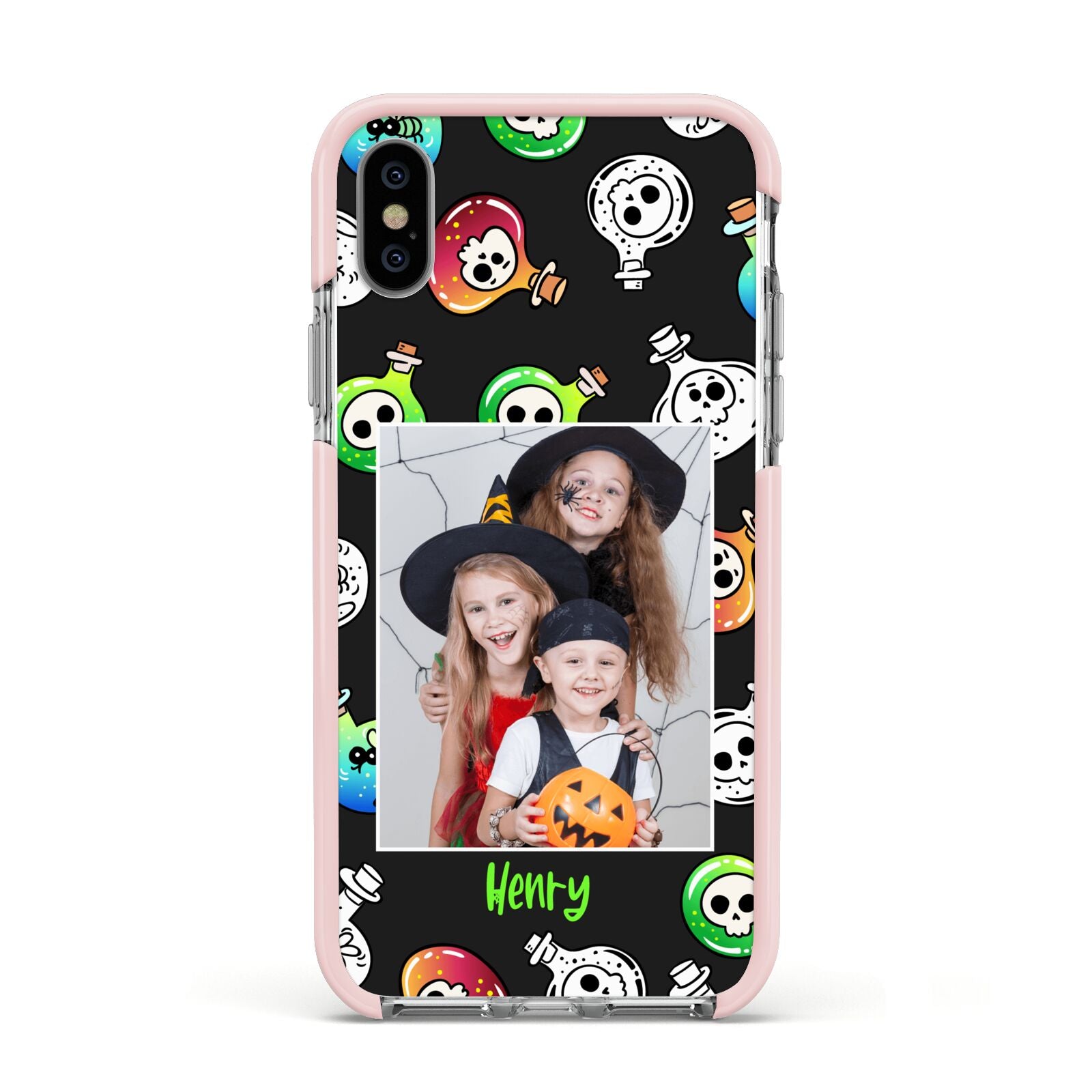 Spooky Potions Halloween Photo Upload Apple iPhone Xs Impact Case Pink Edge on Silver Phone