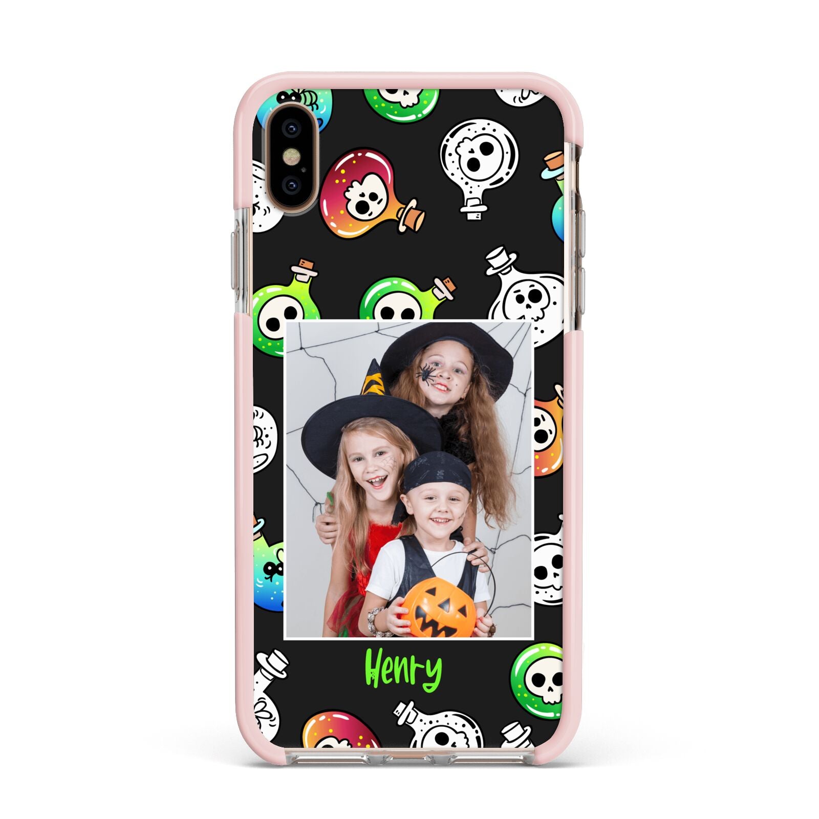 Spooky Potions Halloween Photo Upload Apple iPhone Xs Max Impact Case Pink Edge on Gold Phone