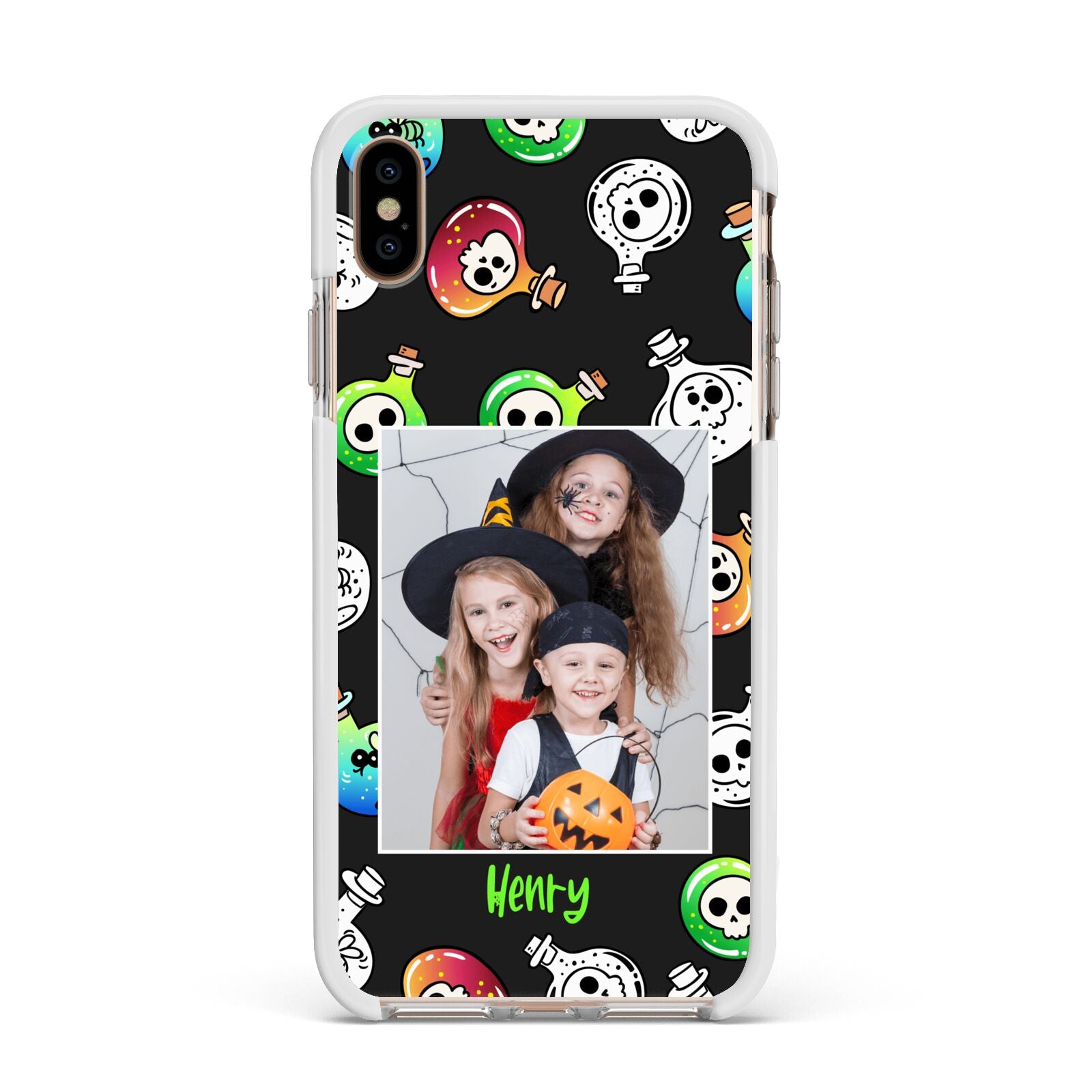 Spooky Potions Halloween Photo Upload Apple iPhone Xs Max Impact Case White Edge on Gold Phone