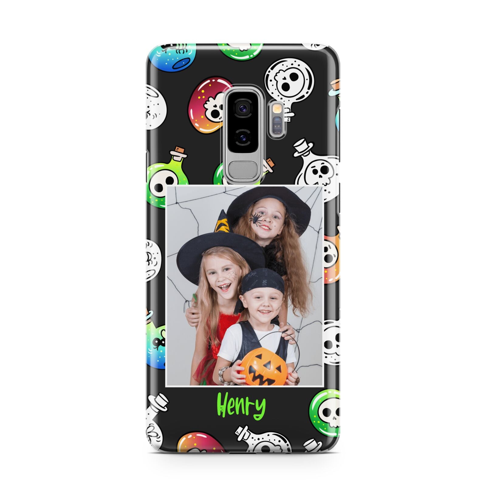 Spooky Potions Halloween Photo Upload Samsung Galaxy S9 Plus Case on Silver phone