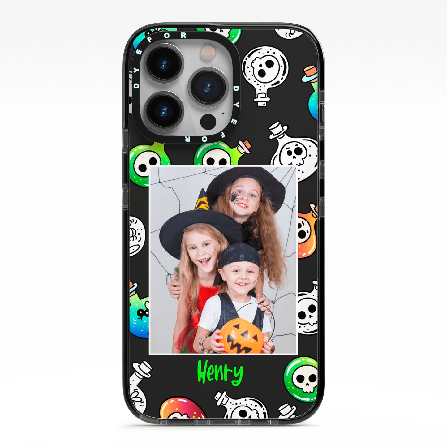 Spooky Potions Halloween Photo Upload iPhone 13 Pro Black Impact Case on Silver phone