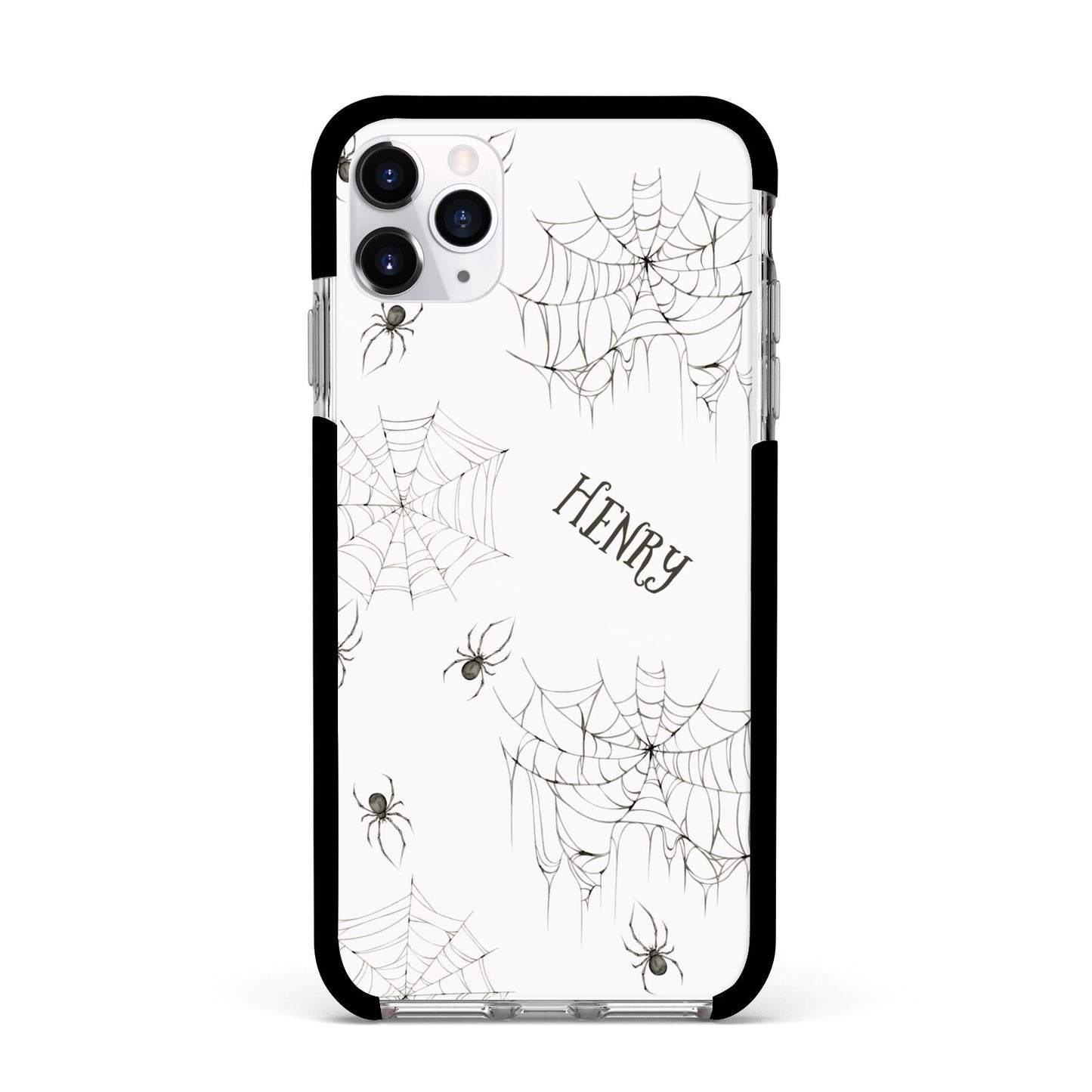 Spooky Spiders Webs Personalised Apple iPhone 11 Pro Max in Silver with Black Impact Case