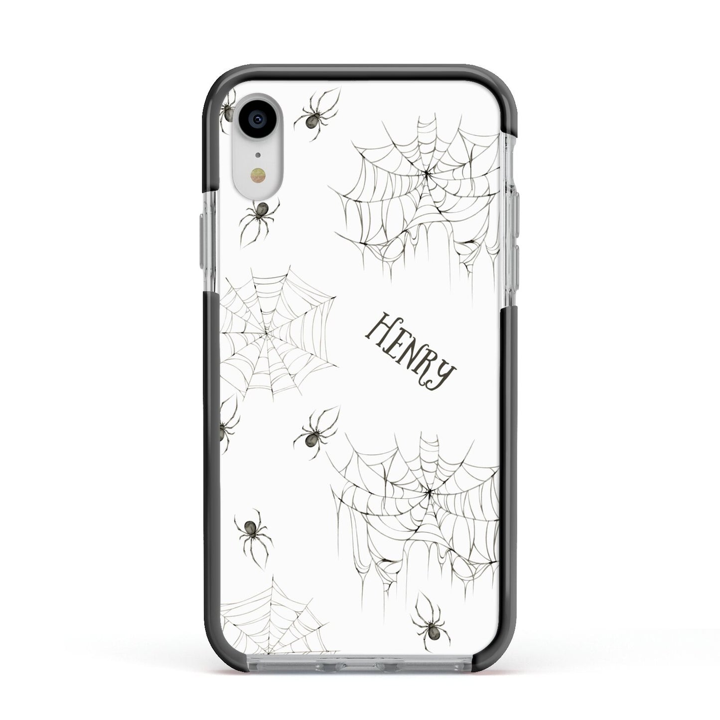 Spooky Spiders Webs Personalised Apple iPhone XR Impact Case Black Edge on Silver Phone