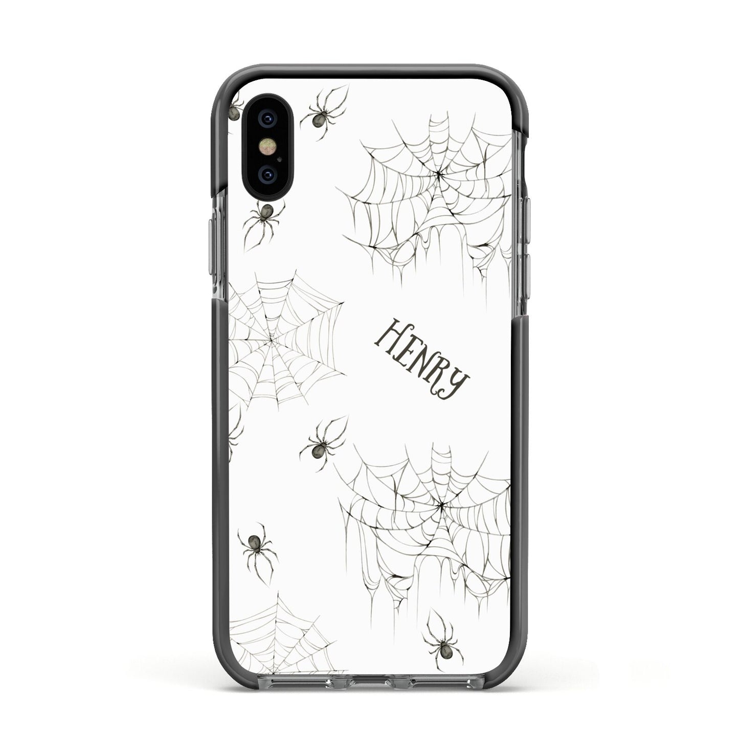 Spooky Spiders Webs Personalised Apple iPhone Xs Impact Case Black Edge on Black Phone