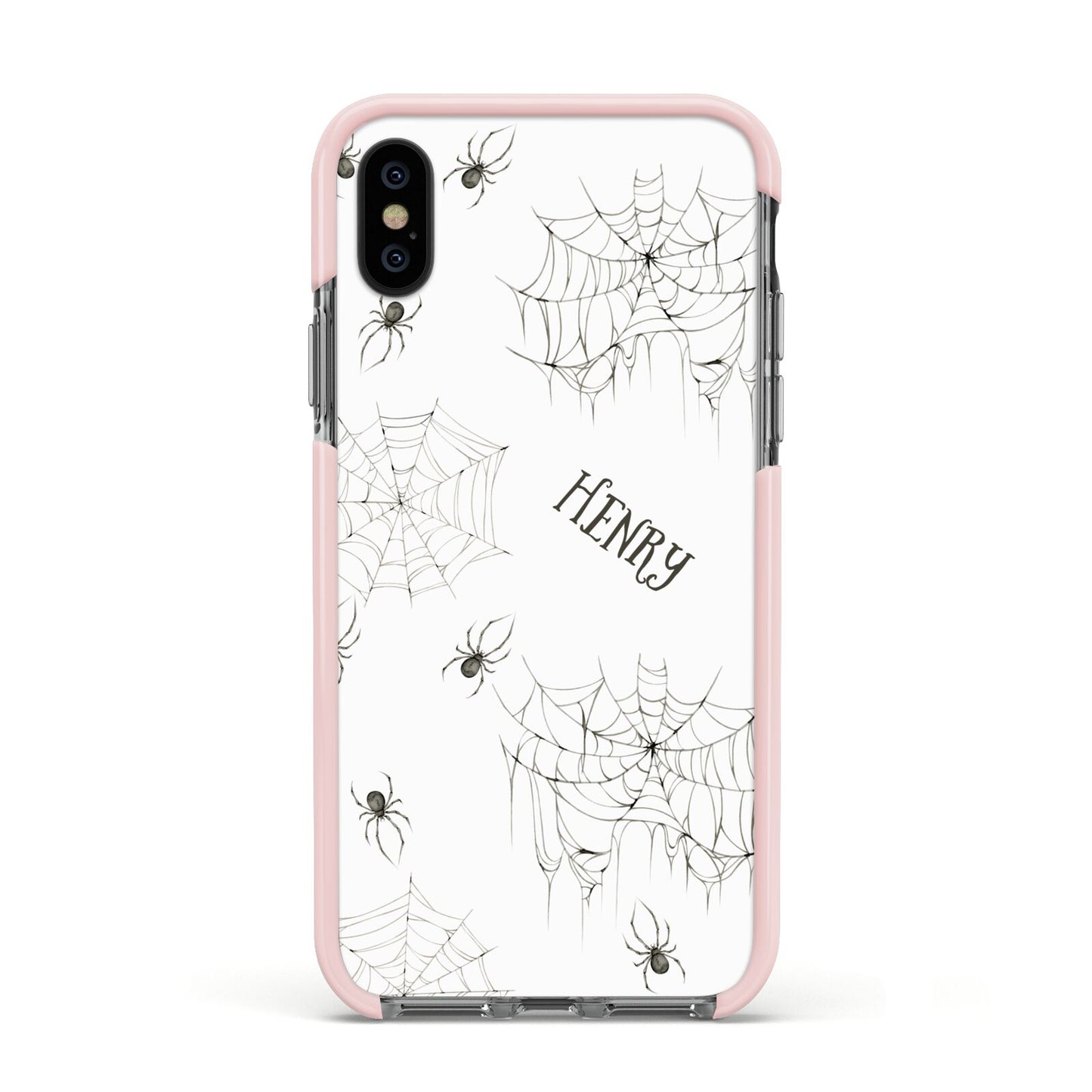 Spooky Spiders Webs Personalised Apple iPhone Xs Impact Case Pink Edge on Black Phone