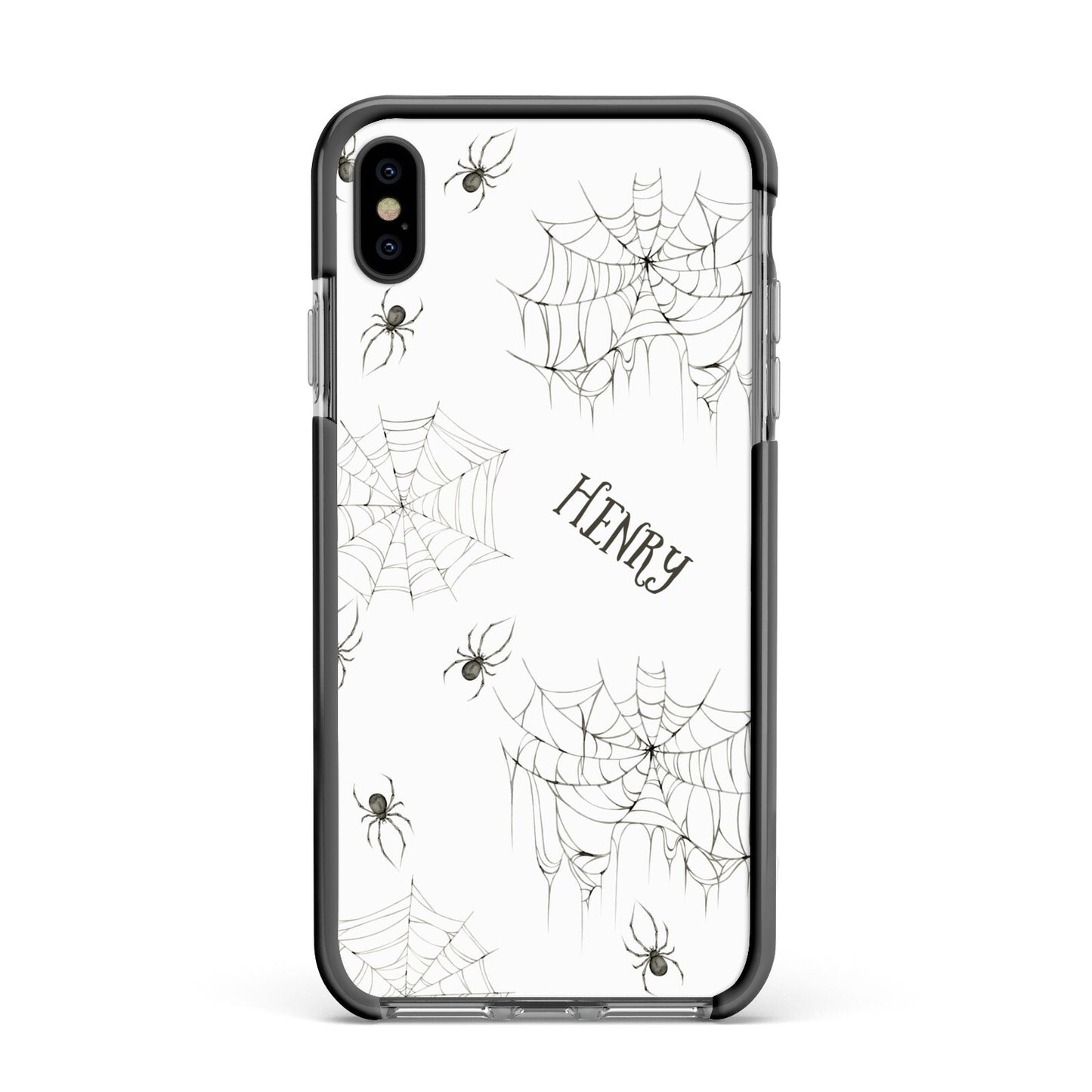 Spooky Spiders Webs Personalised Apple iPhone Xs Max Impact Case Black Edge on Black Phone