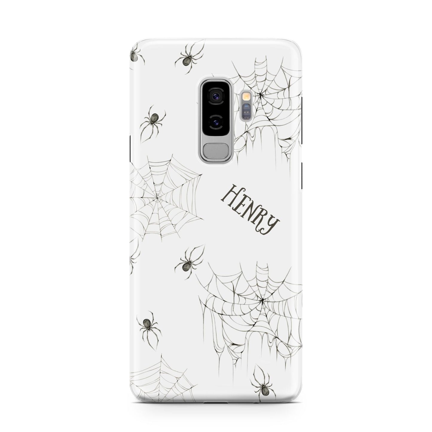 Spooky Spiders Webs Personalised Samsung Galaxy S9 Plus Case on Silver phone