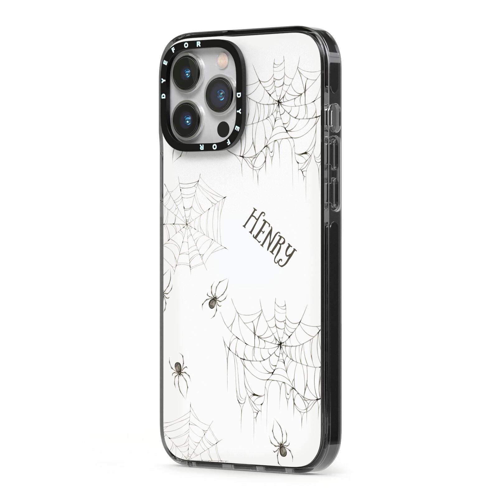 Spooky Spiders Webs Personalised iPhone 13 Pro Max Black Impact Case Side Angle on Silver phone