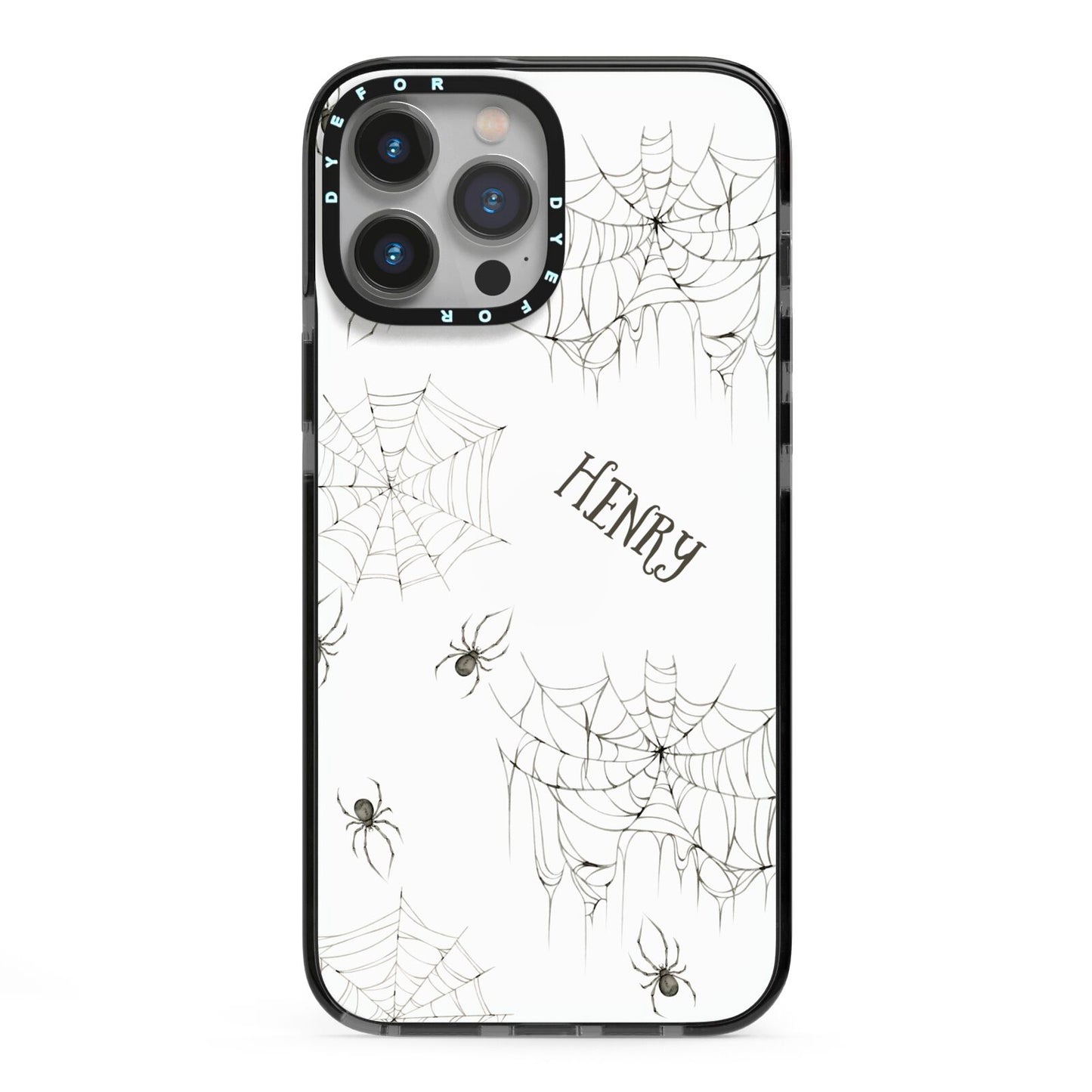 Spooky Spiders Webs Personalised iPhone 13 Pro Max Black Impact Case on Silver phone