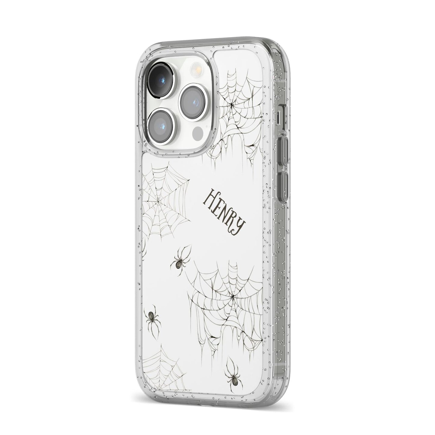 Spooky Spiders Webs Personalised iPhone 14 Pro Glitter Tough Case Silver Angled Image