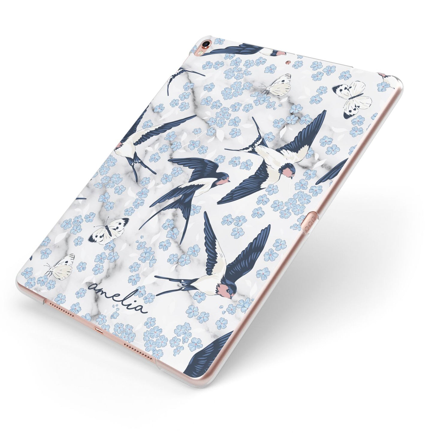 Spring Birds Apple iPad Case on Rose Gold iPad Side View