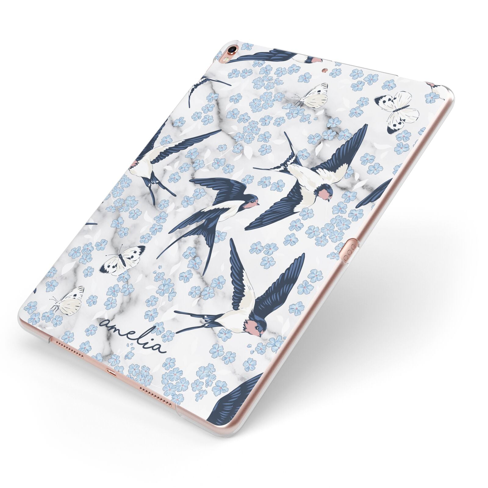 Spring Birds Apple iPad Case on Rose Gold iPad Side View