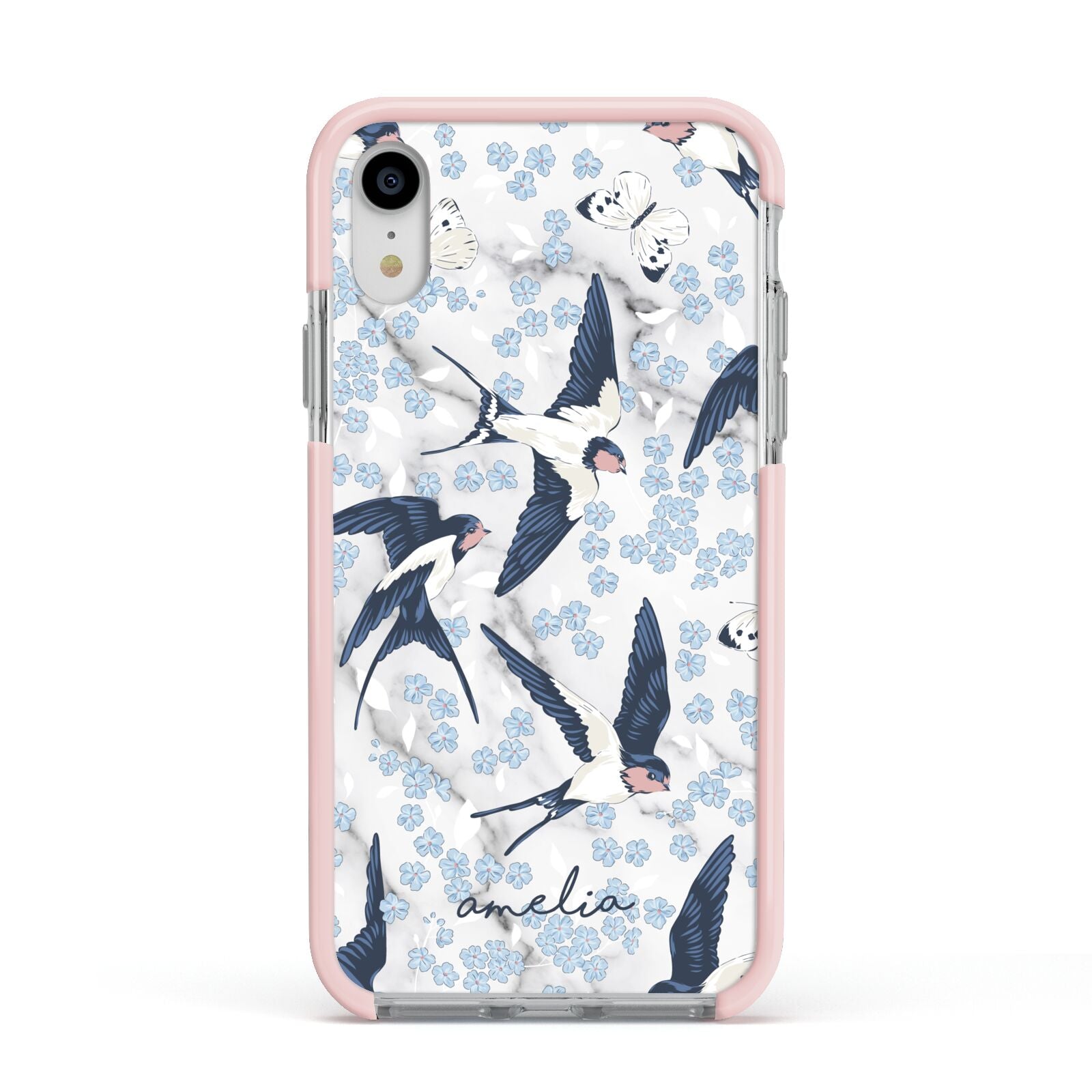 Spring Birds Apple iPhone XR Impact Case Pink Edge on Silver Phone