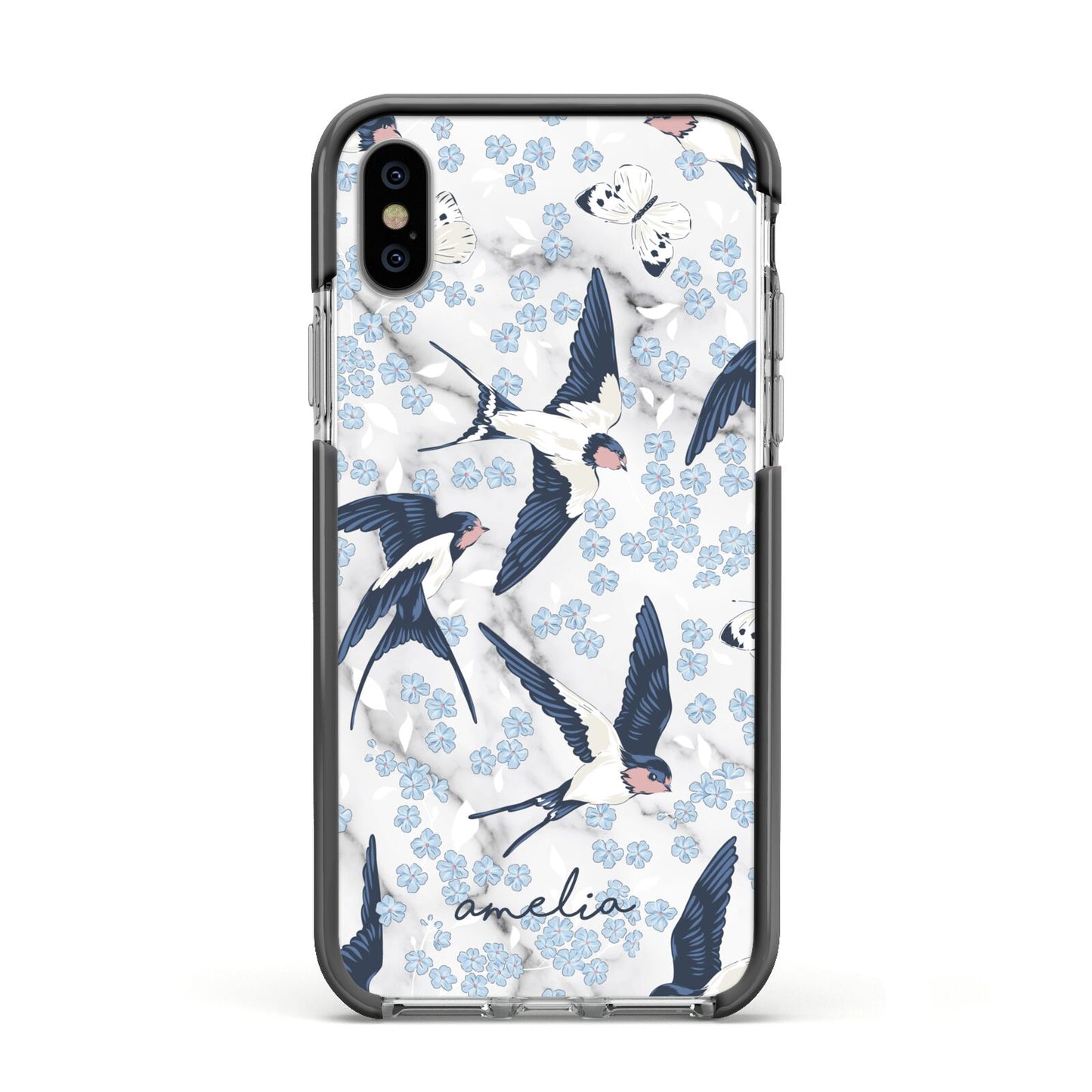 Spring Birds Apple iPhone Xs Impact Case Black Edge on Silver Phone