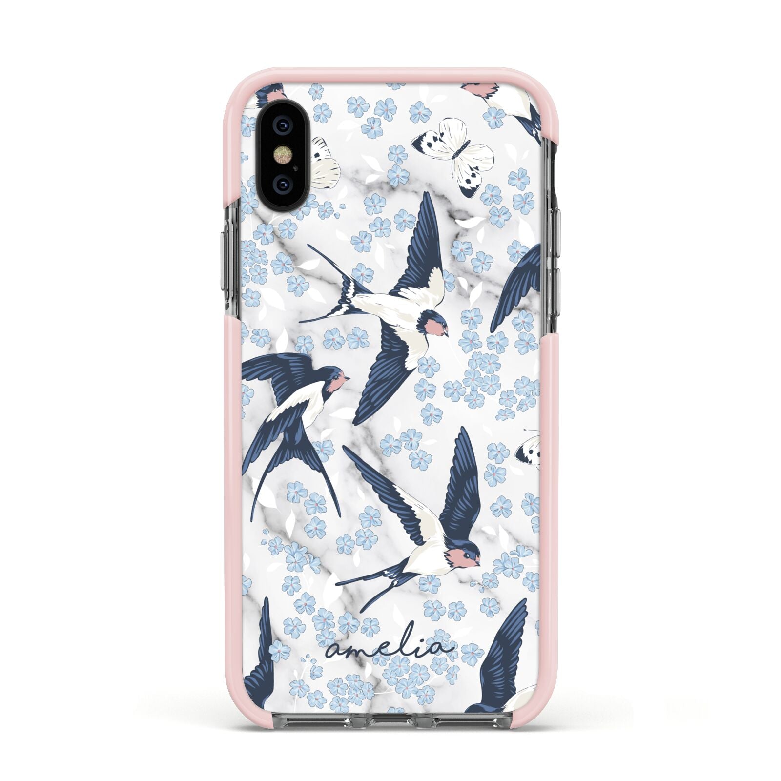 Spring Birds Apple iPhone Xs Impact Case Pink Edge on Black Phone