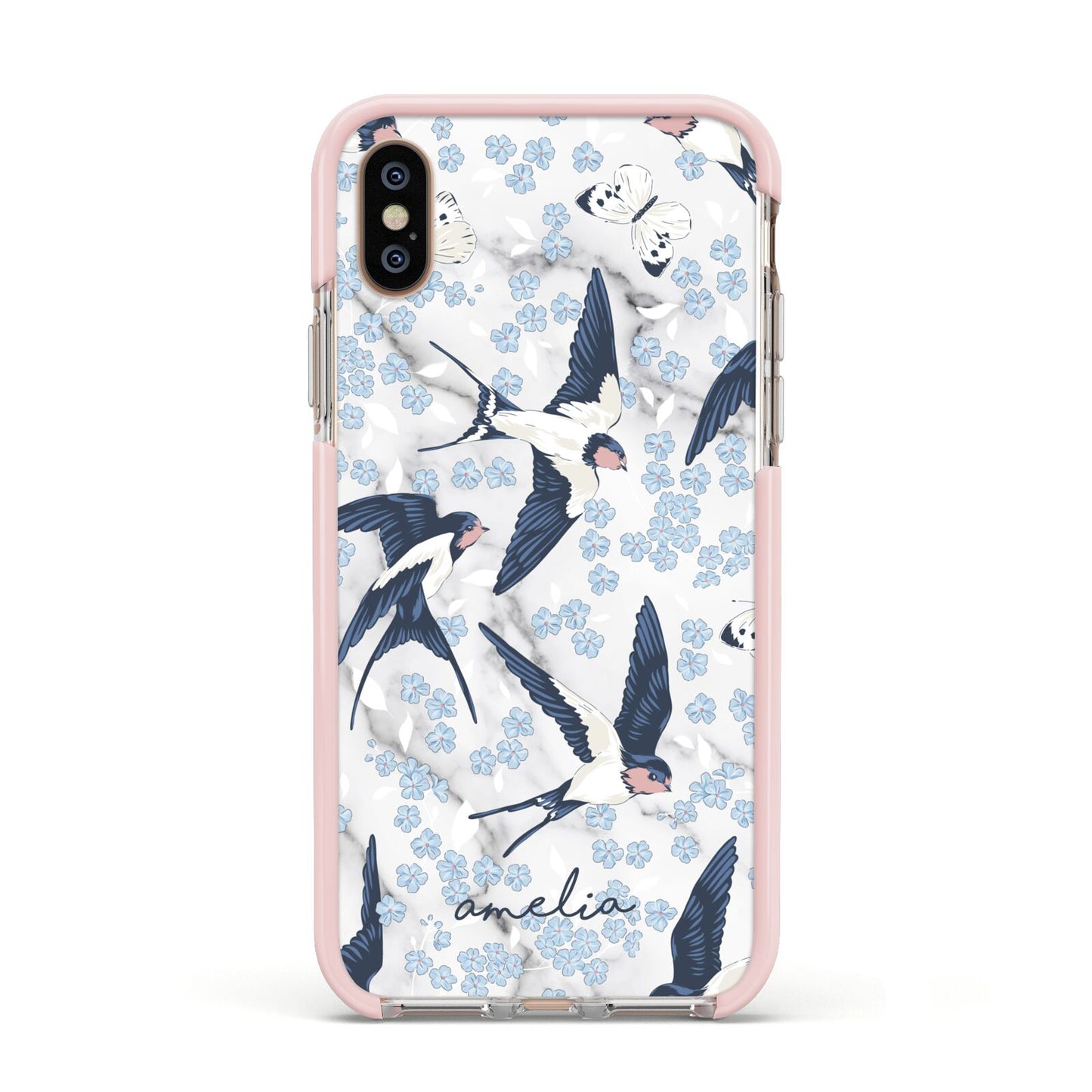 Spring Birds Apple iPhone Xs Impact Case Pink Edge on Gold Phone