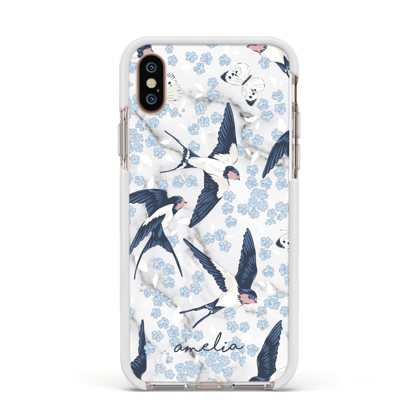 Spring Birds Apple iPhone Xs Impact Case White Edge on Gold Phone