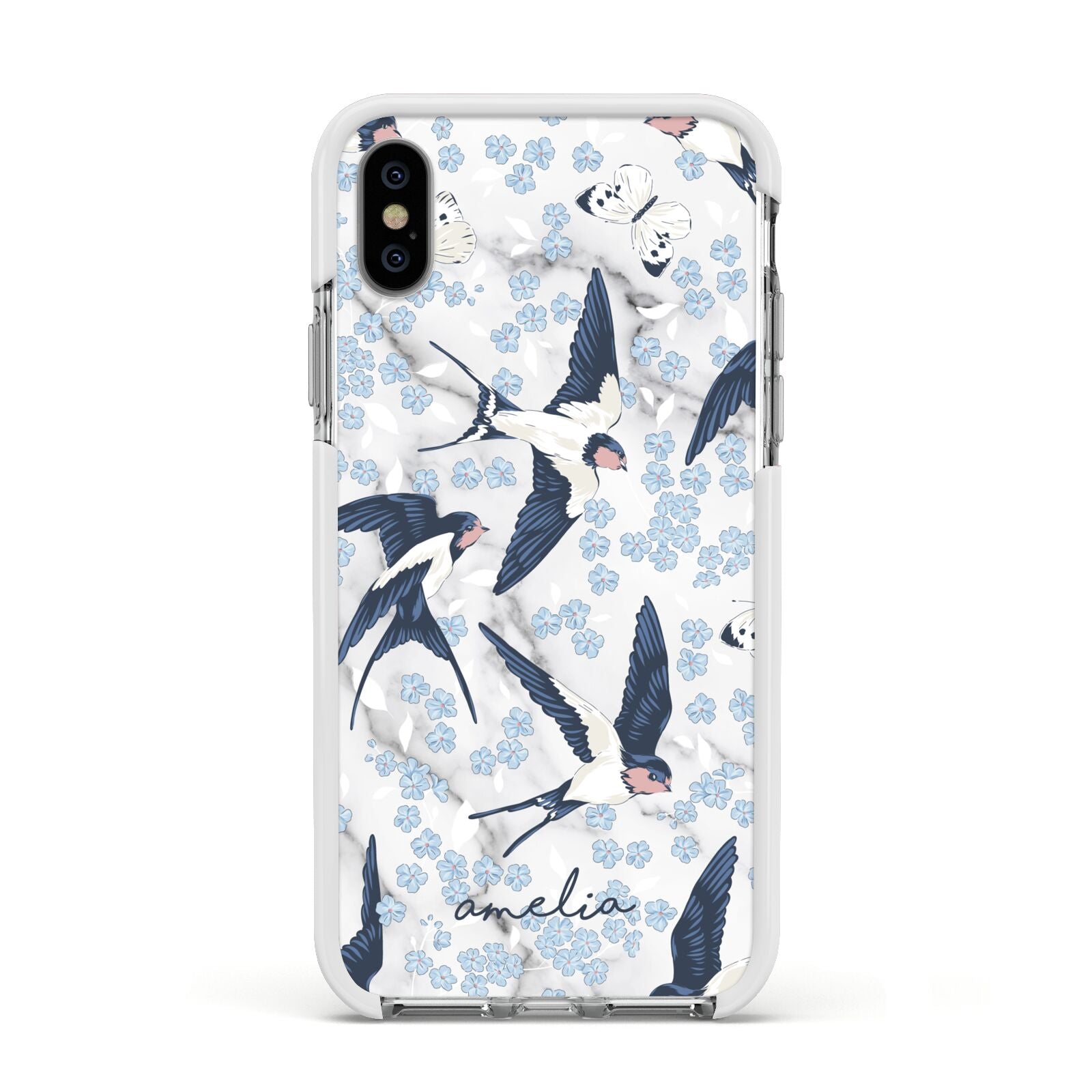 Spring Birds Apple iPhone Xs Impact Case White Edge on Silver Phone